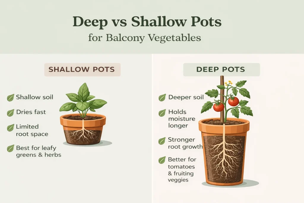 deep vs shallow pots for balcony veggies - infographics