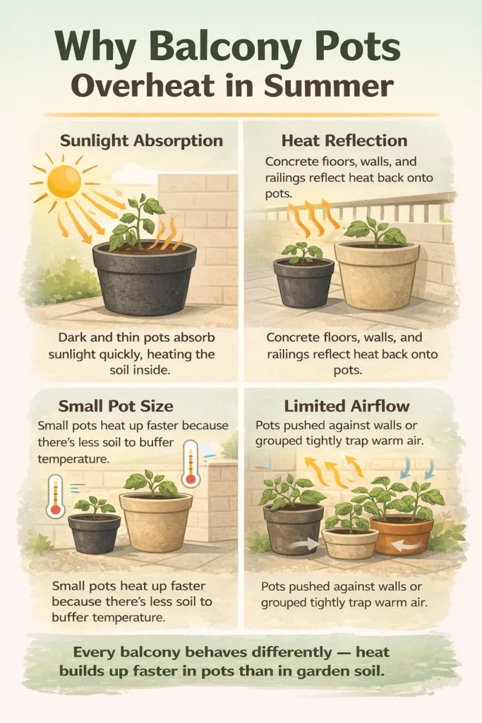 Why balcony pots overheat in summer.