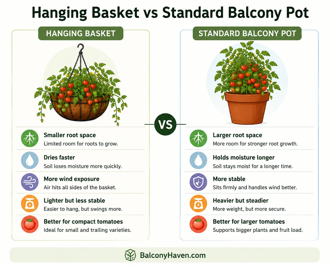 Hanging basket vs standard balcony pot comparison for growing tomatoes on a balcony