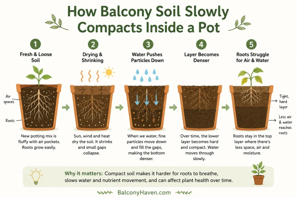 How soil compacts in balcony pots - why balcony soil becomes hard and compact