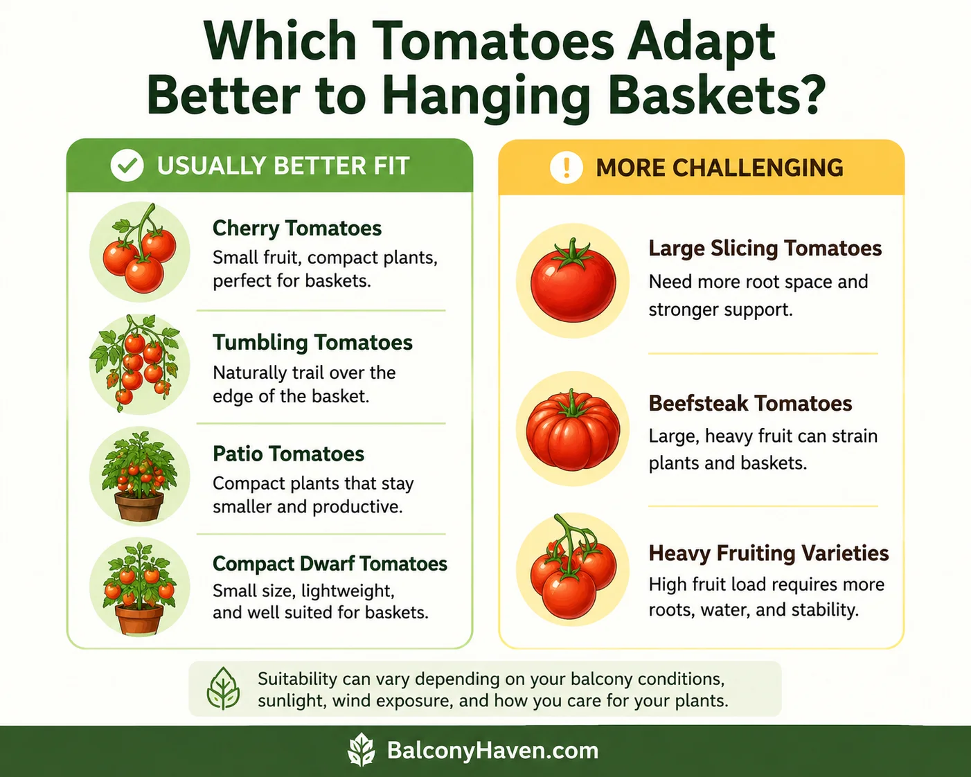 Tomato variety suitability graphic showing which tomatoes adapt better to hanging balcony baskets