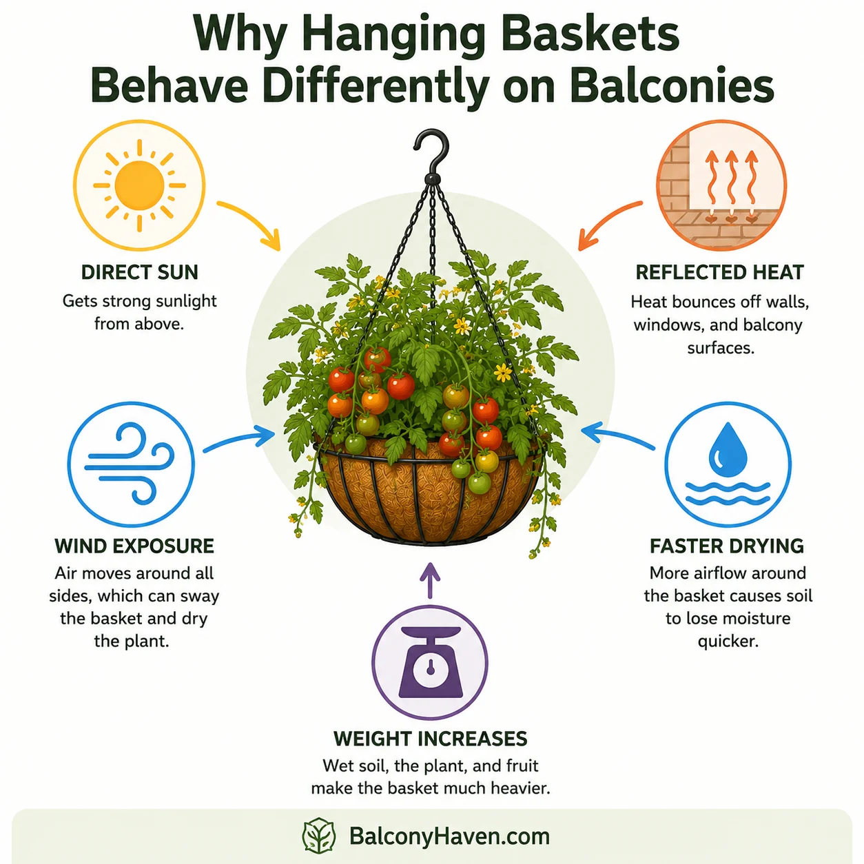Balcony exposure diagram showing sun, wind, reflected heat, faster drying and weight changes around a hanging tomato basket