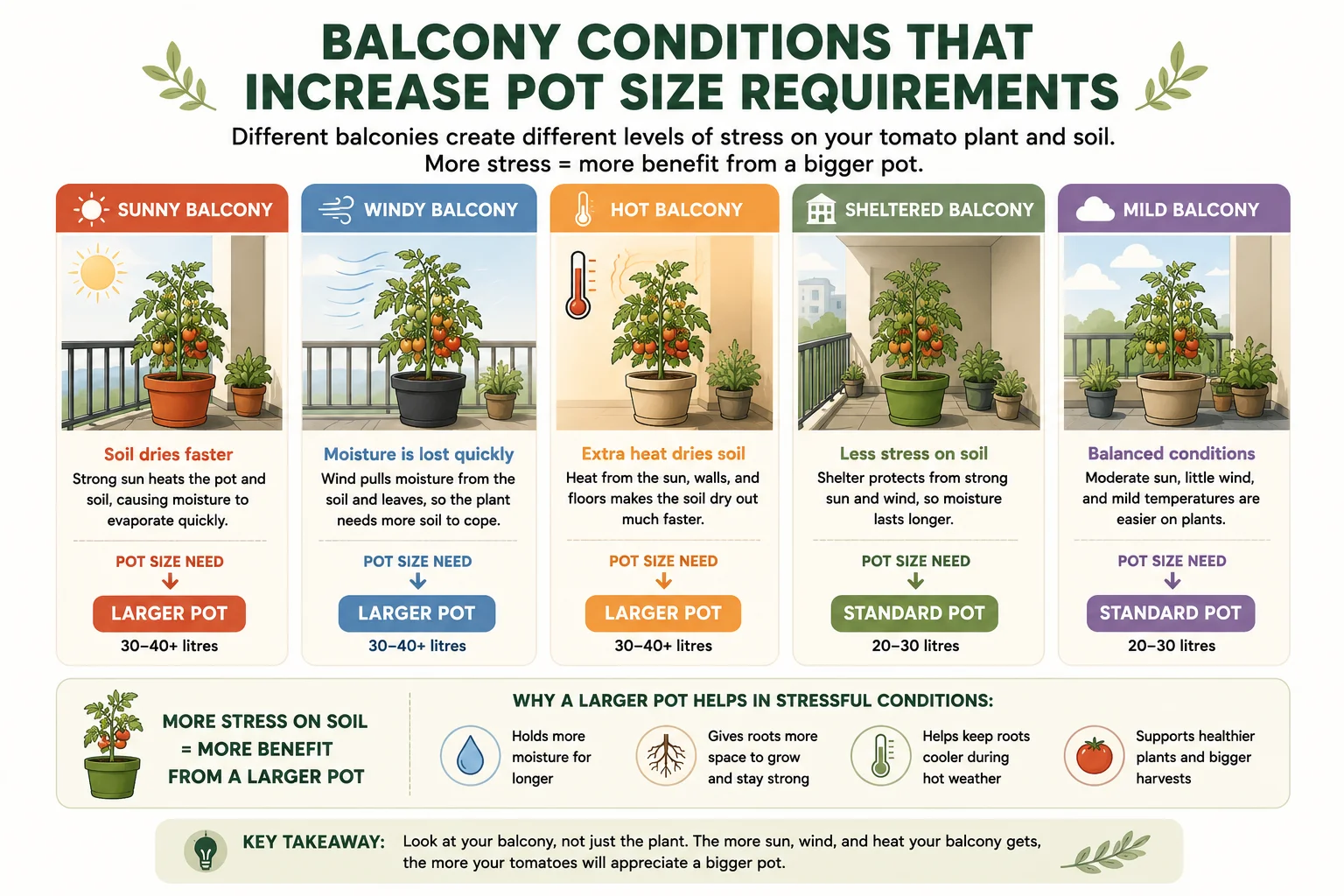 Balcony conditions that increase tomato pot size requirements diagram