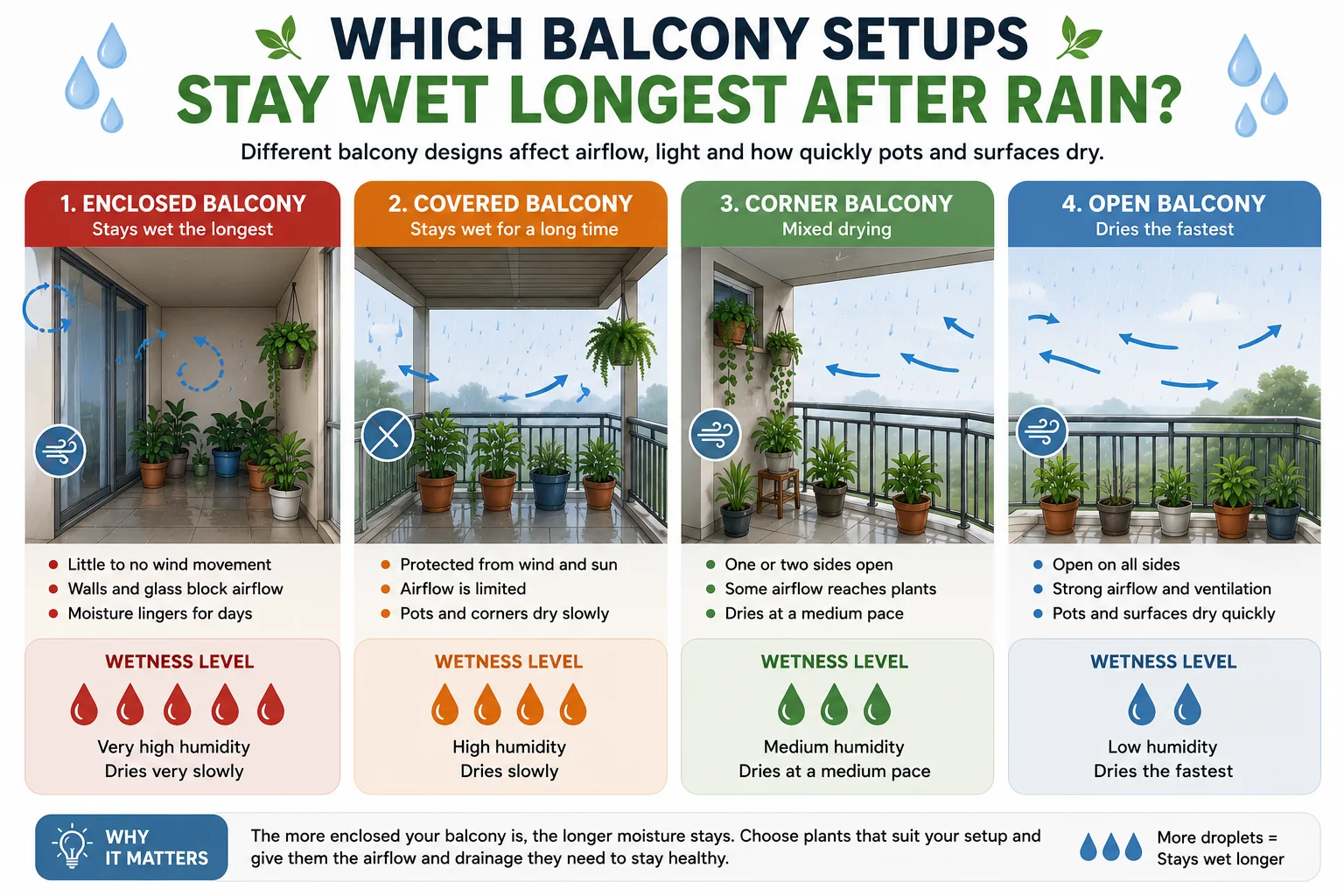 Diagram showing which balcony setups stay wet longest after rain