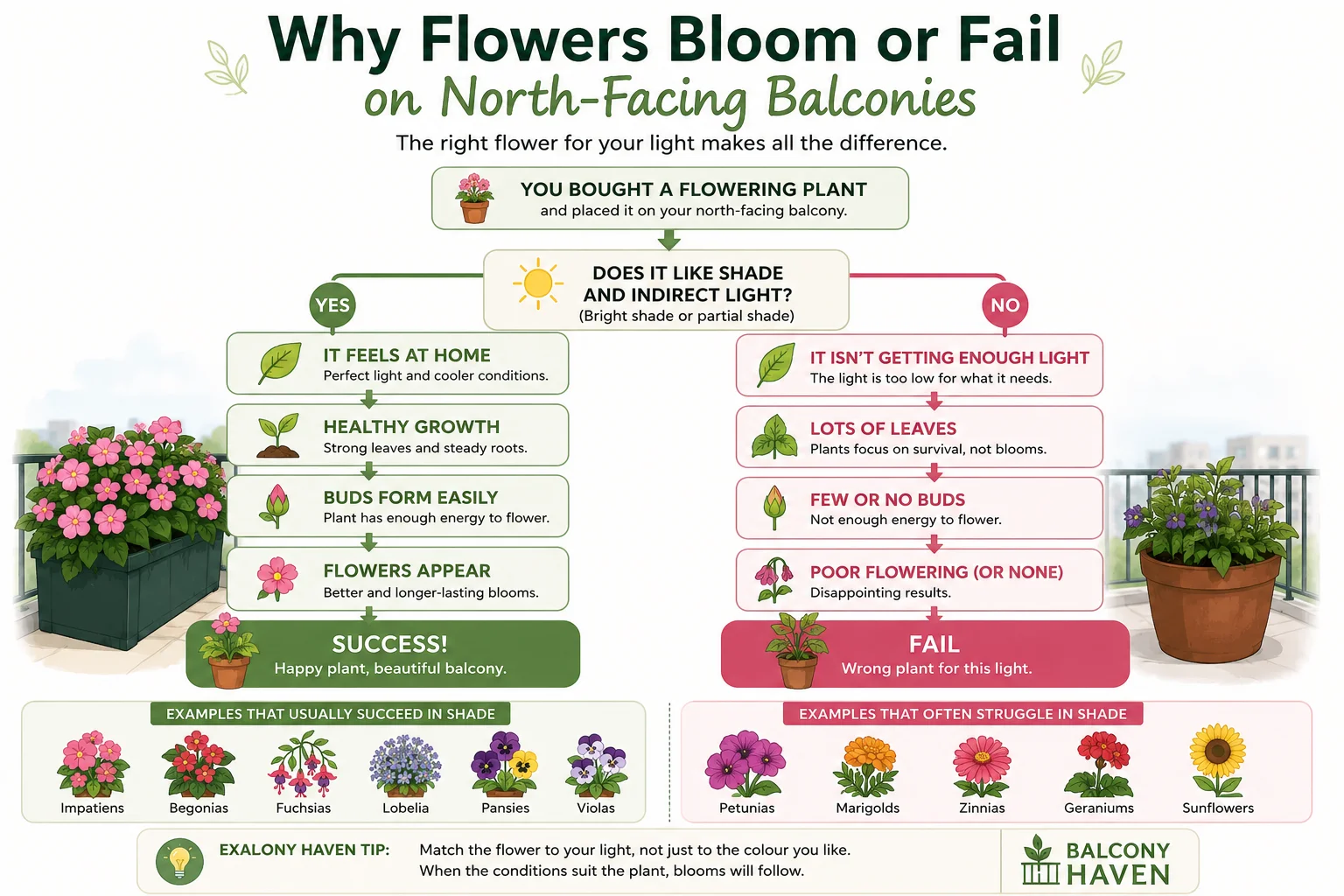 Shade-loving flowers vs sun-loving flowers on balconies diagram