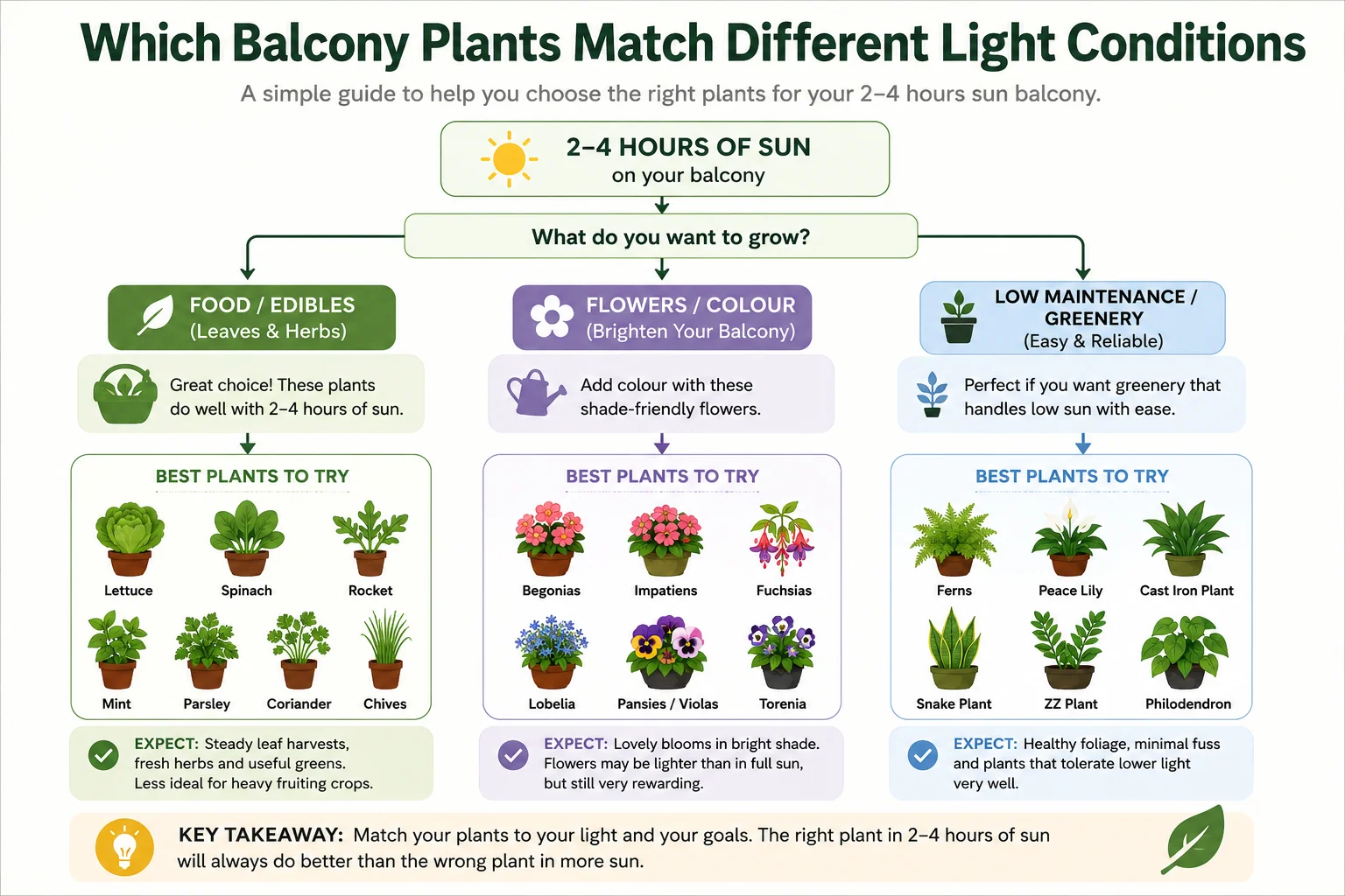 Which balcony plants match different light conditions decision tree diagram