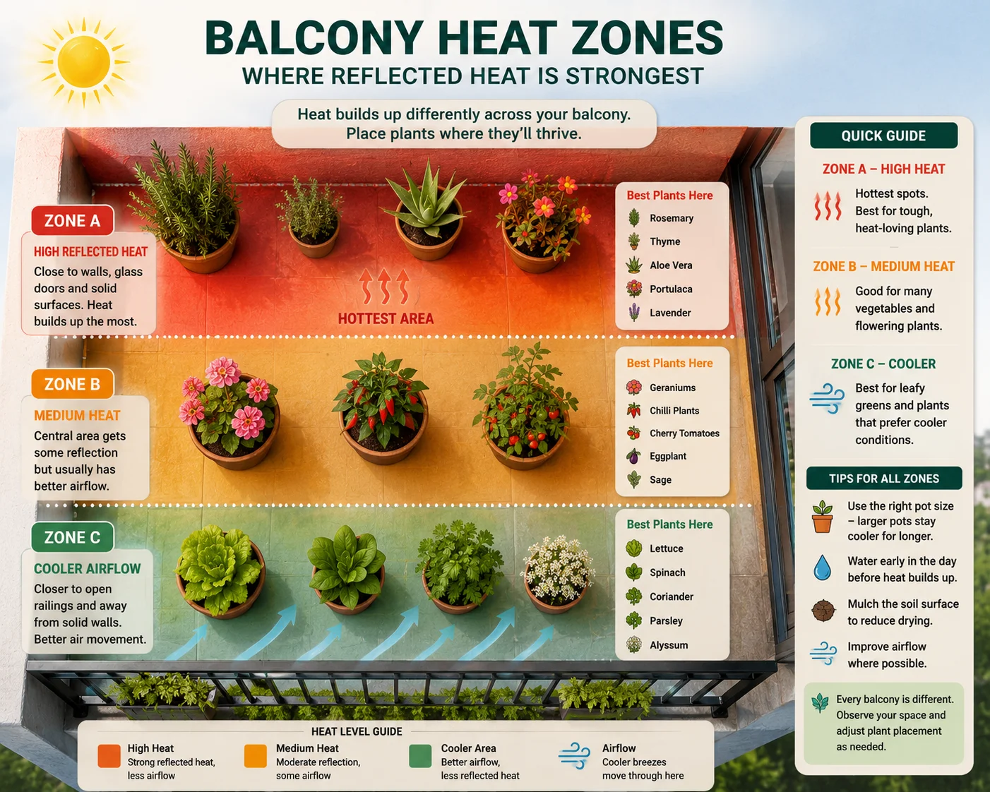 Balcony heat zone diagram showing high reflected heat near walls and glass, medium heat in the centre, and cooler airflow near the railing