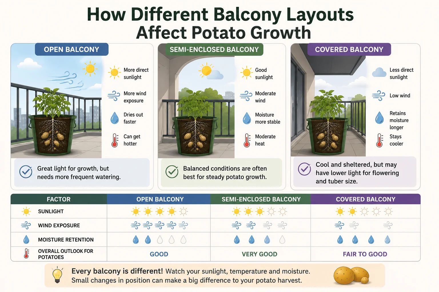 Diagram showing how open semi-enclosed and covered balconies affect potato growth in buckets