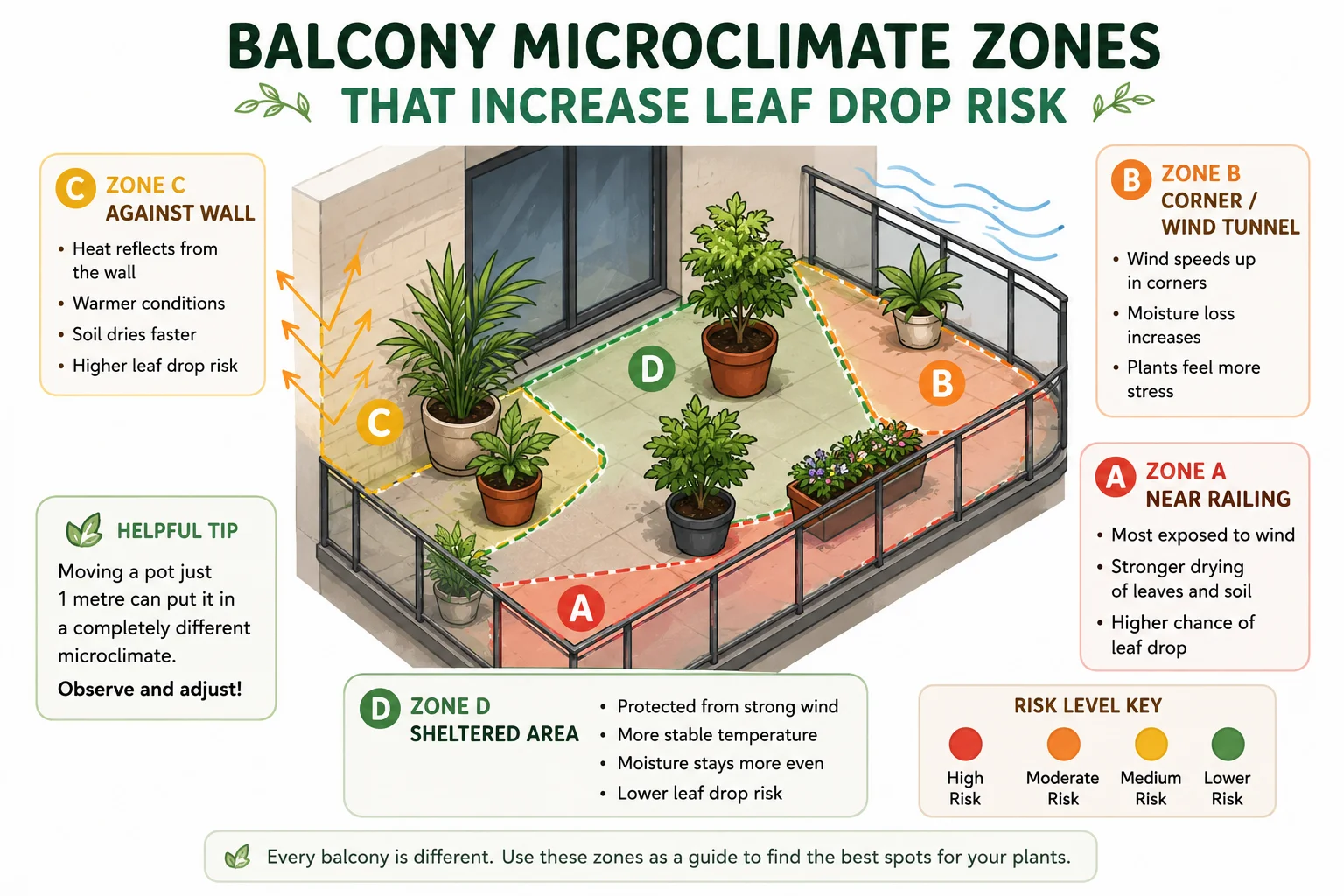 Balcony microclimate zones that increase leaf drop risk diagram