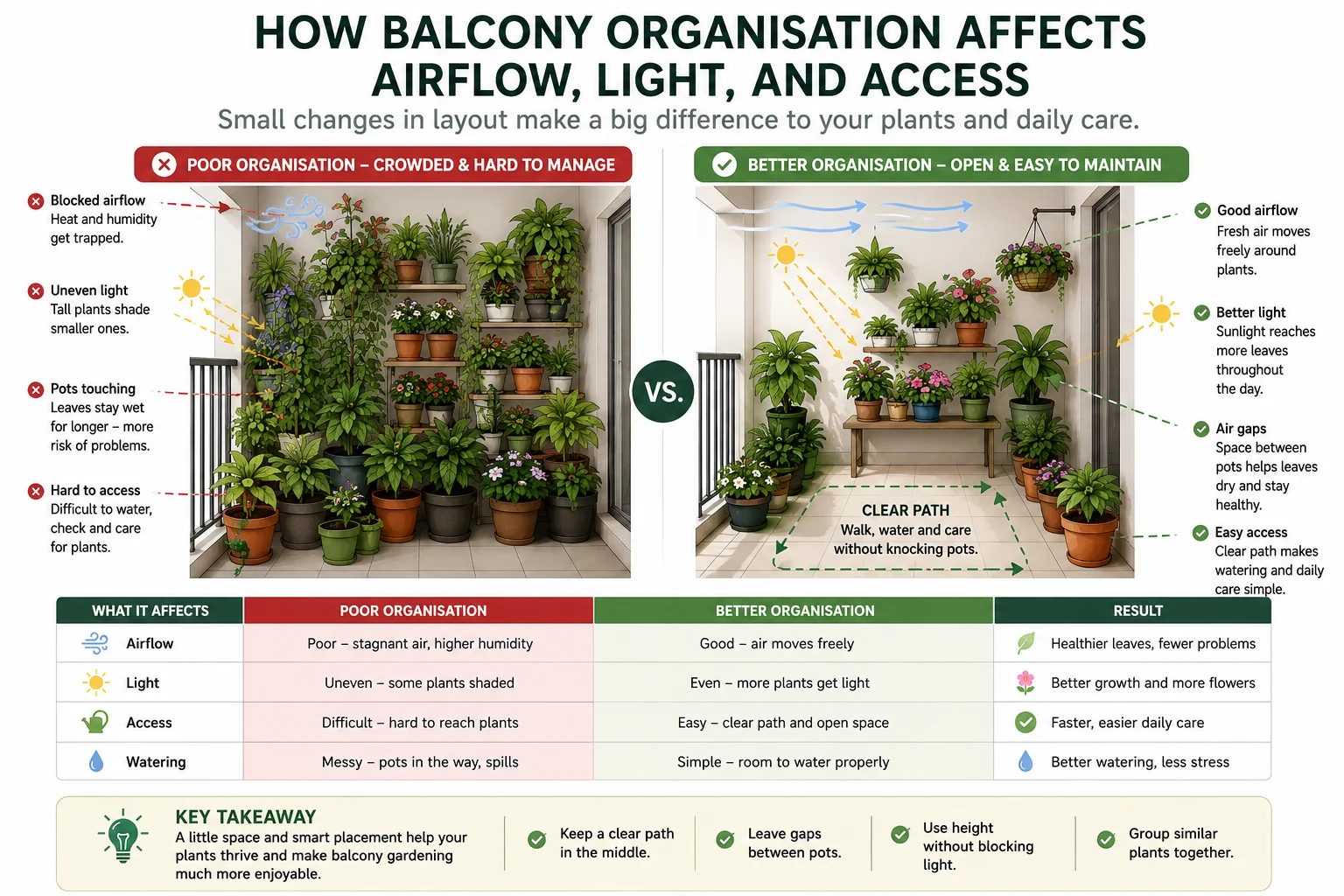How balcony organisation affects airflow light and access comparison diagram