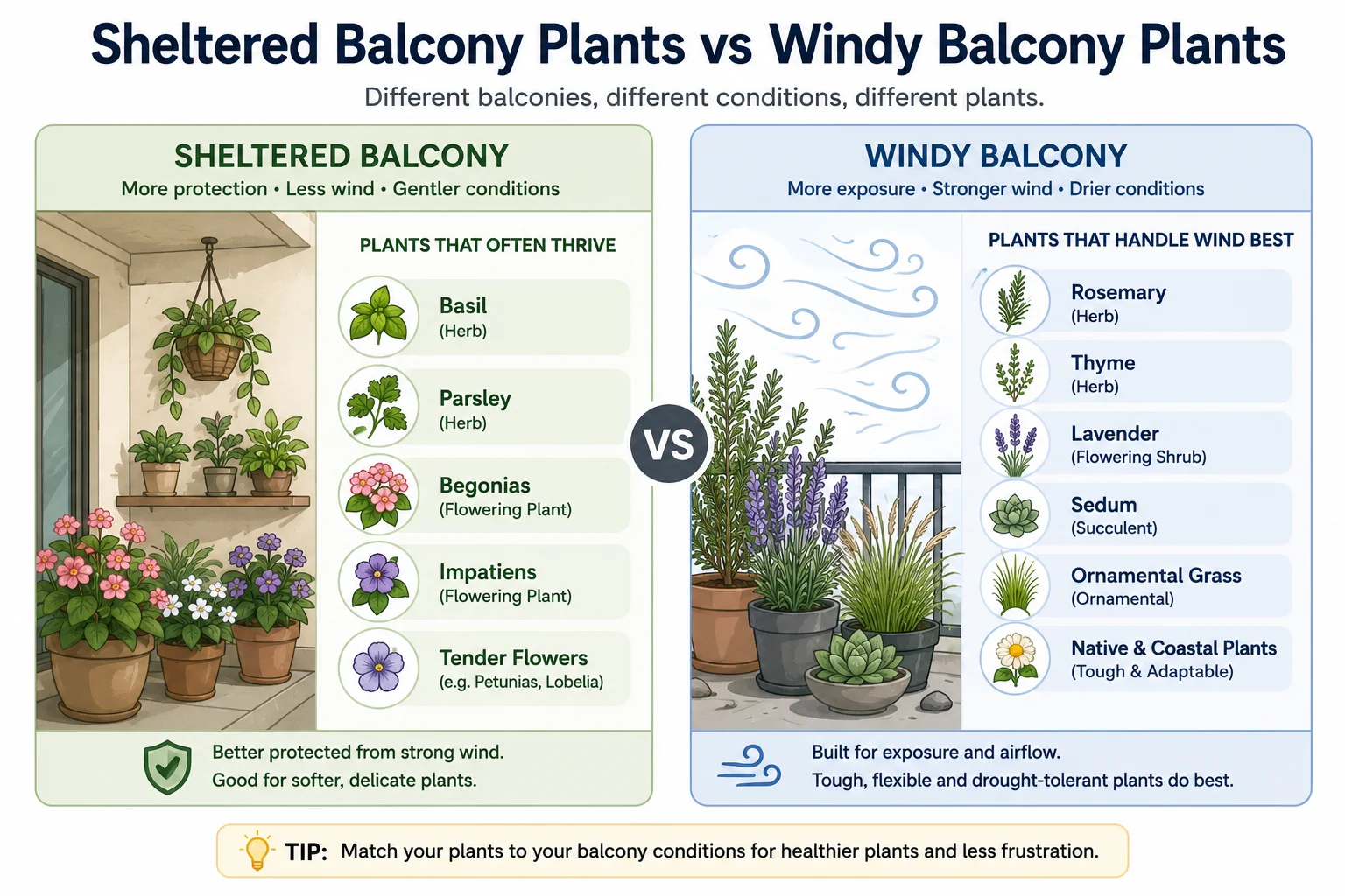 Sheltered balcony plants vs windy balcony plants diagram