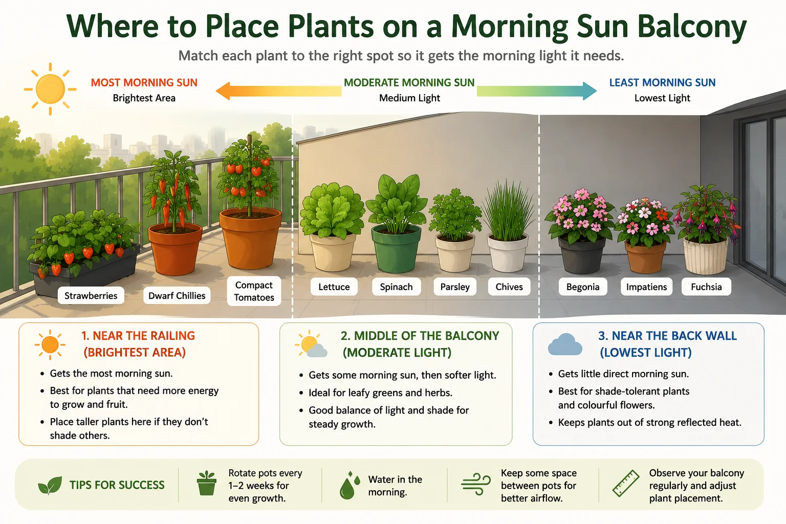 Where to place plants on a morning sun balcony diagram