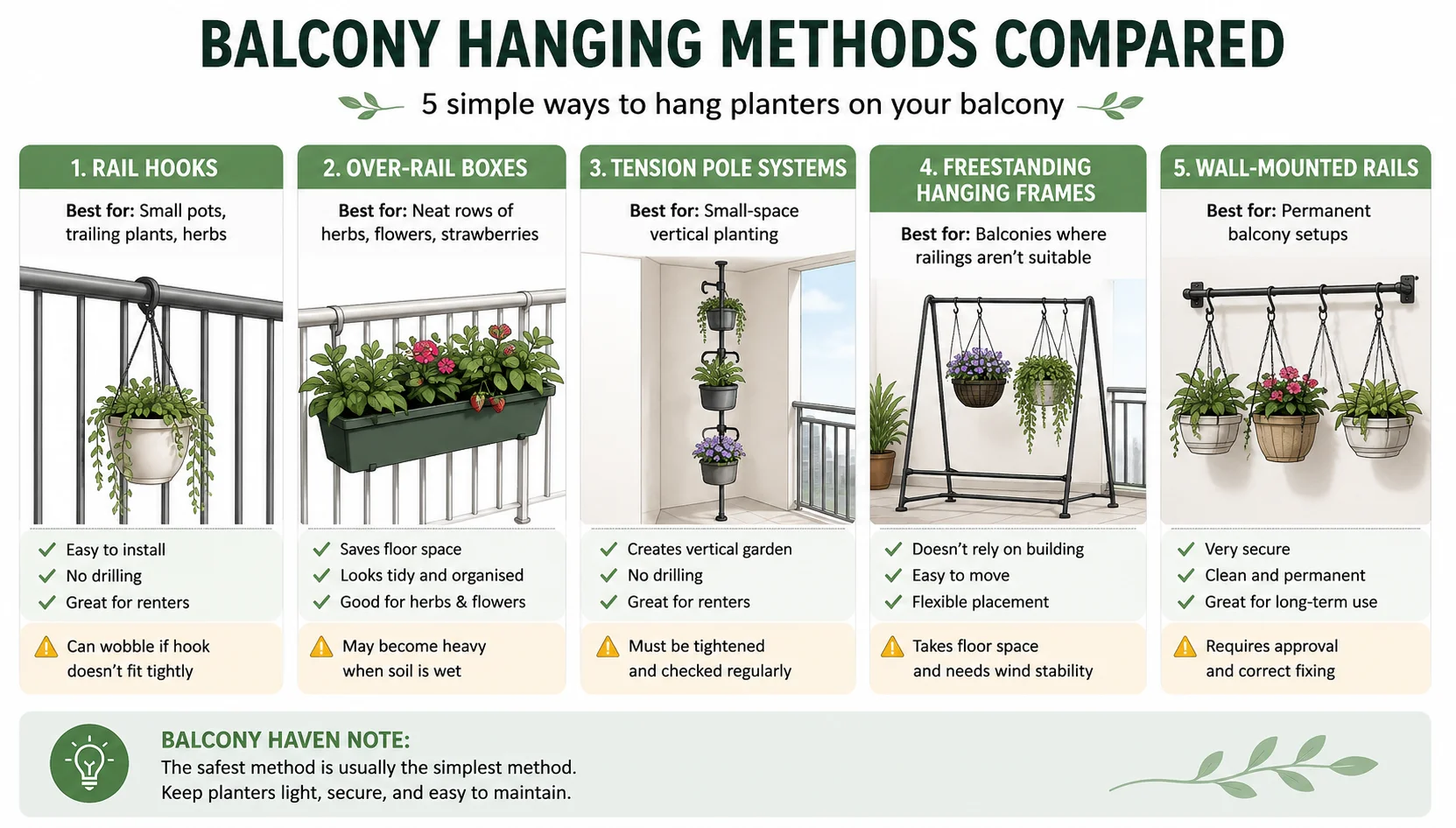 Diagram comparing balcony hanging planter methods including rail hooks, over-rail boxes, tension poles, hanging frames, and wall rails