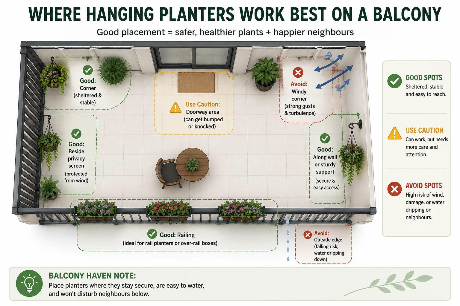 Top-down diagram showing where hanging planters work best on a balcony including railing, corners, privacy screen areas, doorway caution areas, and unsafe exposed edges