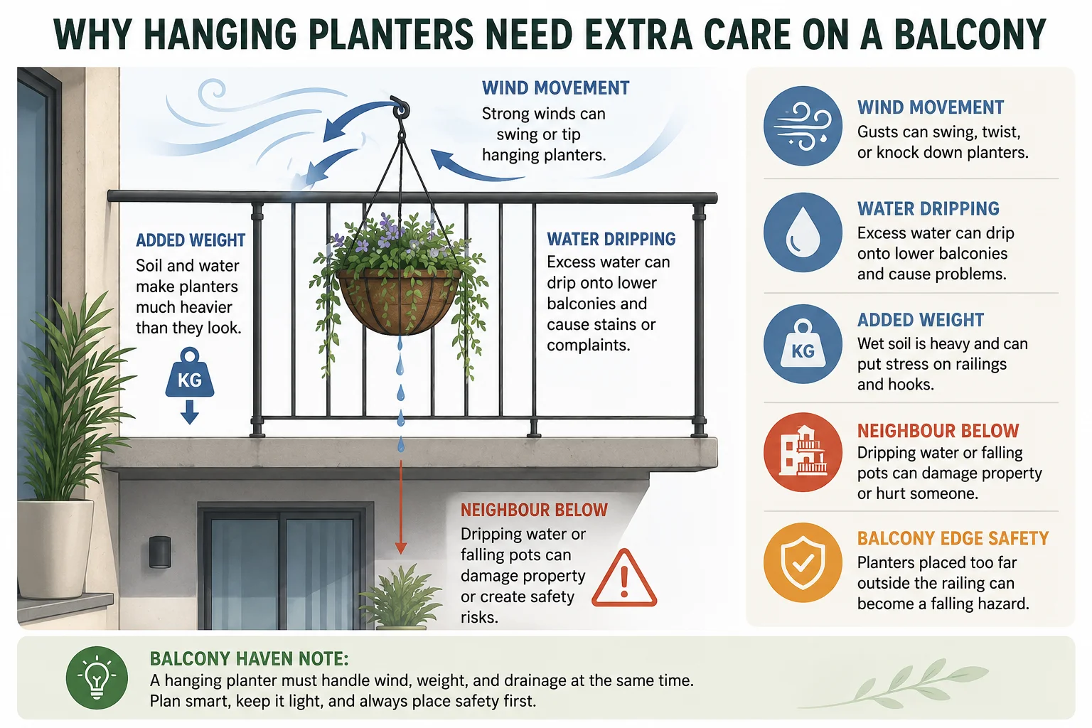 Diagram showing why hanging planters need extra care on a balcony because of wind, added weight, water runoff, and safety risks