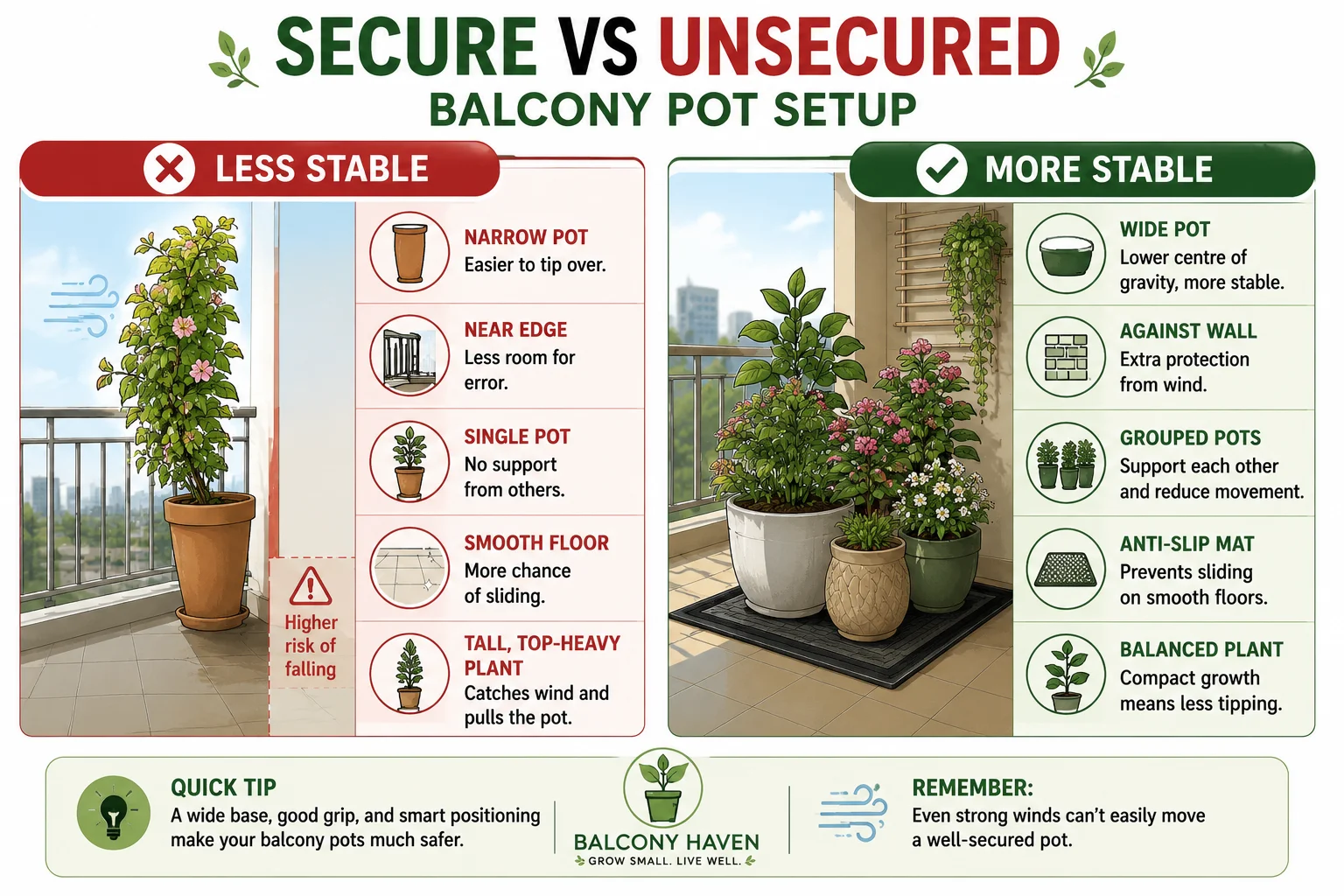 Secure vs unsecured balcony pot setup diagram