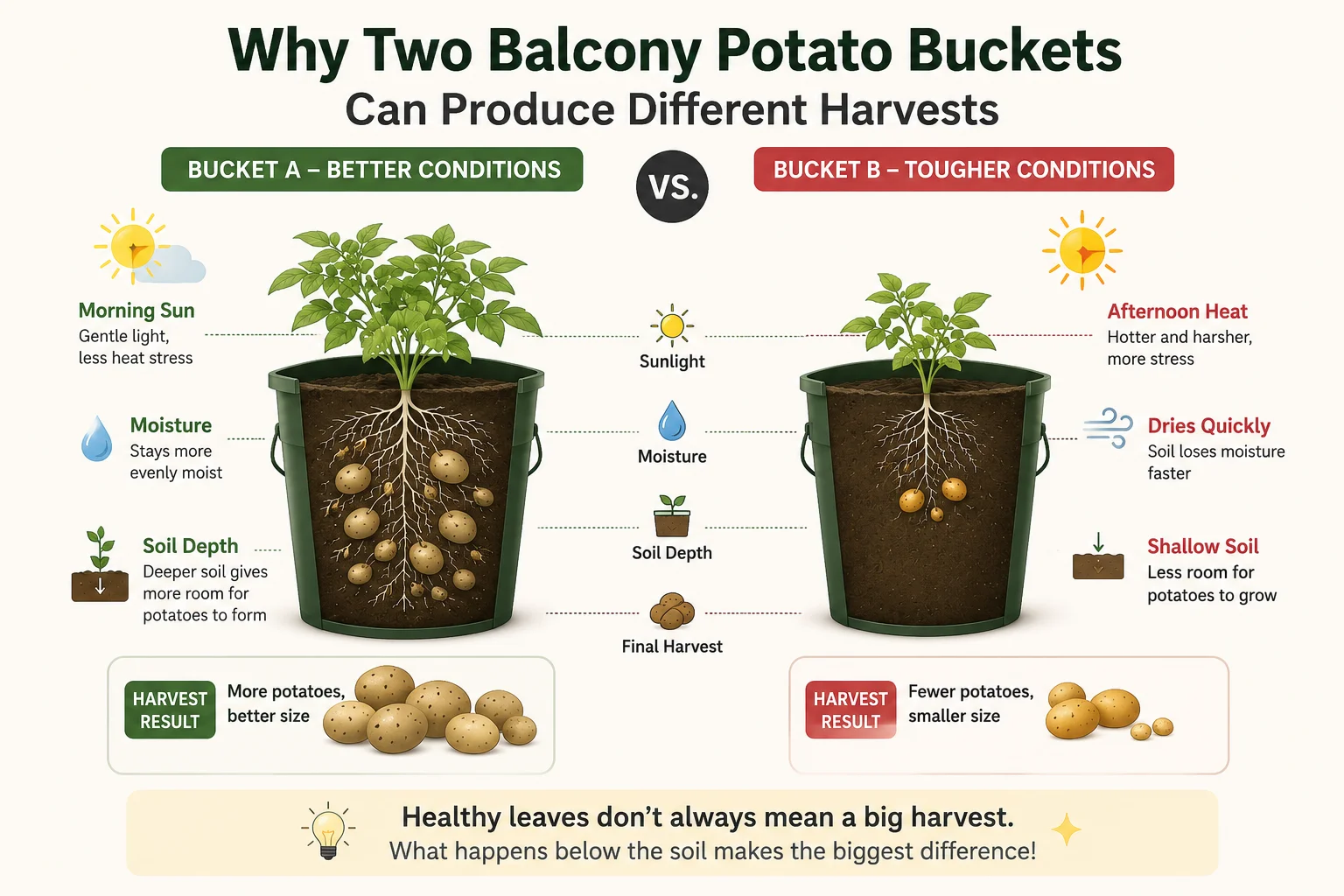 Diagram comparing two balcony potato buckets with different harvest results