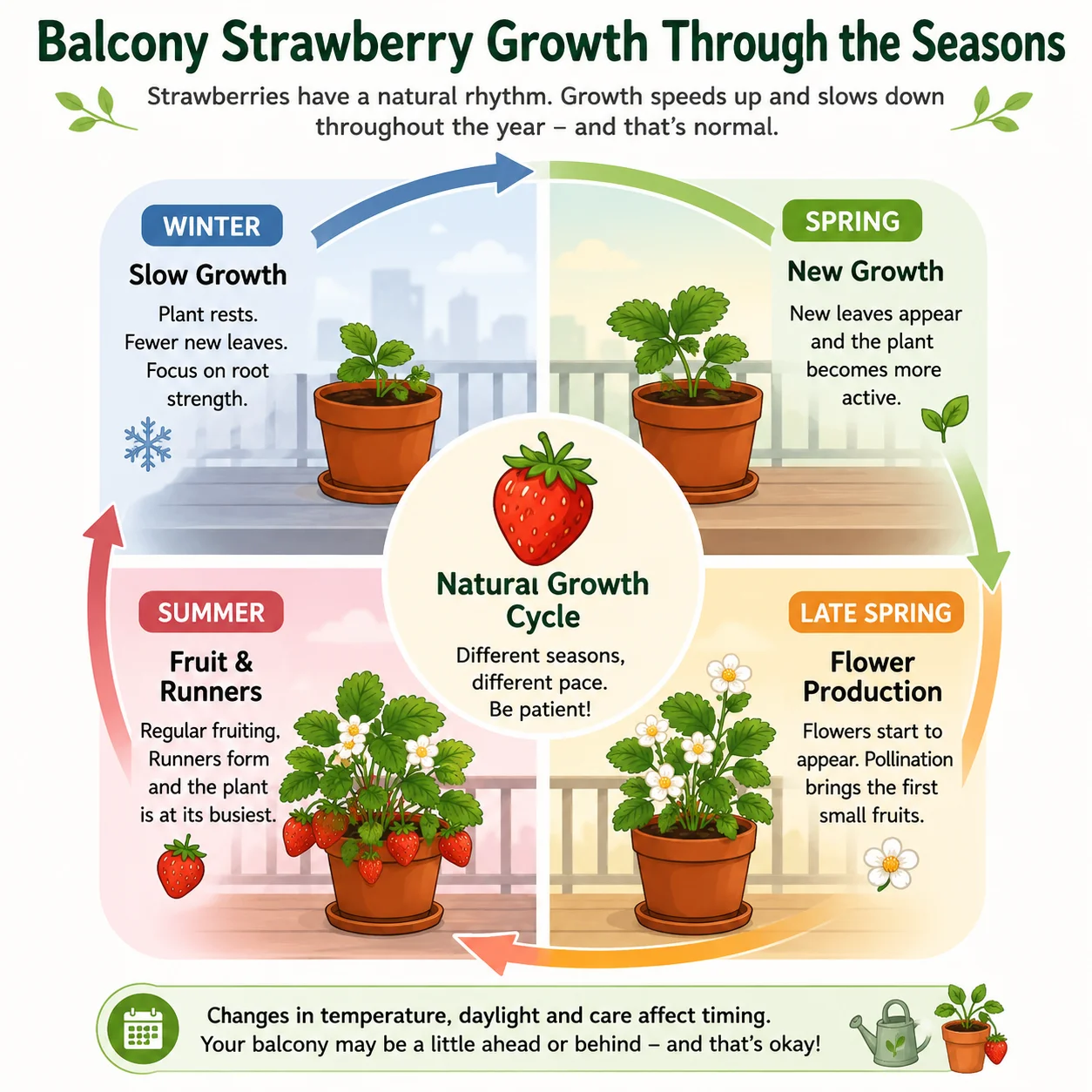 Balcony strawberry seasonal growth timeline diagram