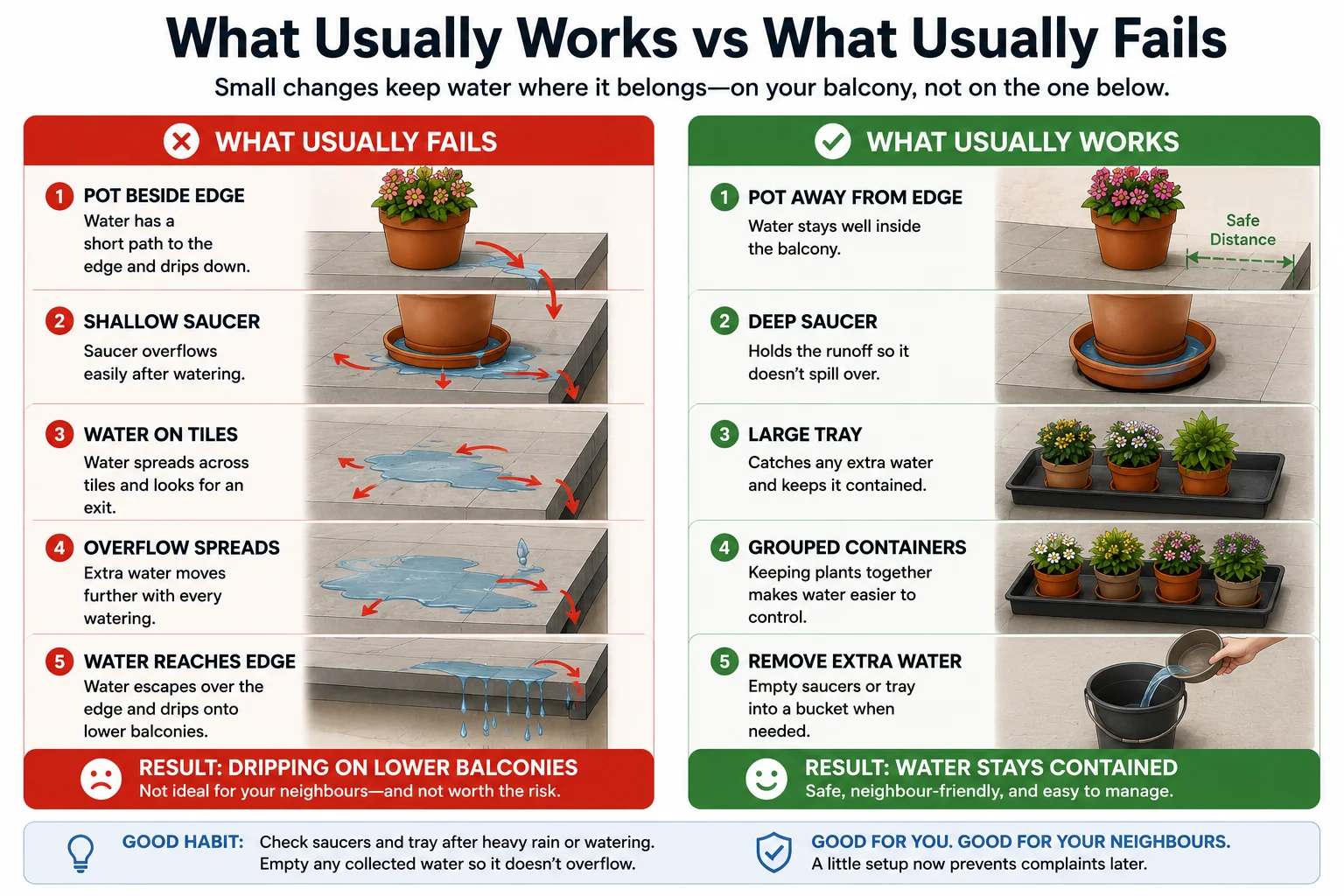 What usually works vs what usually fails balcony water control diagram