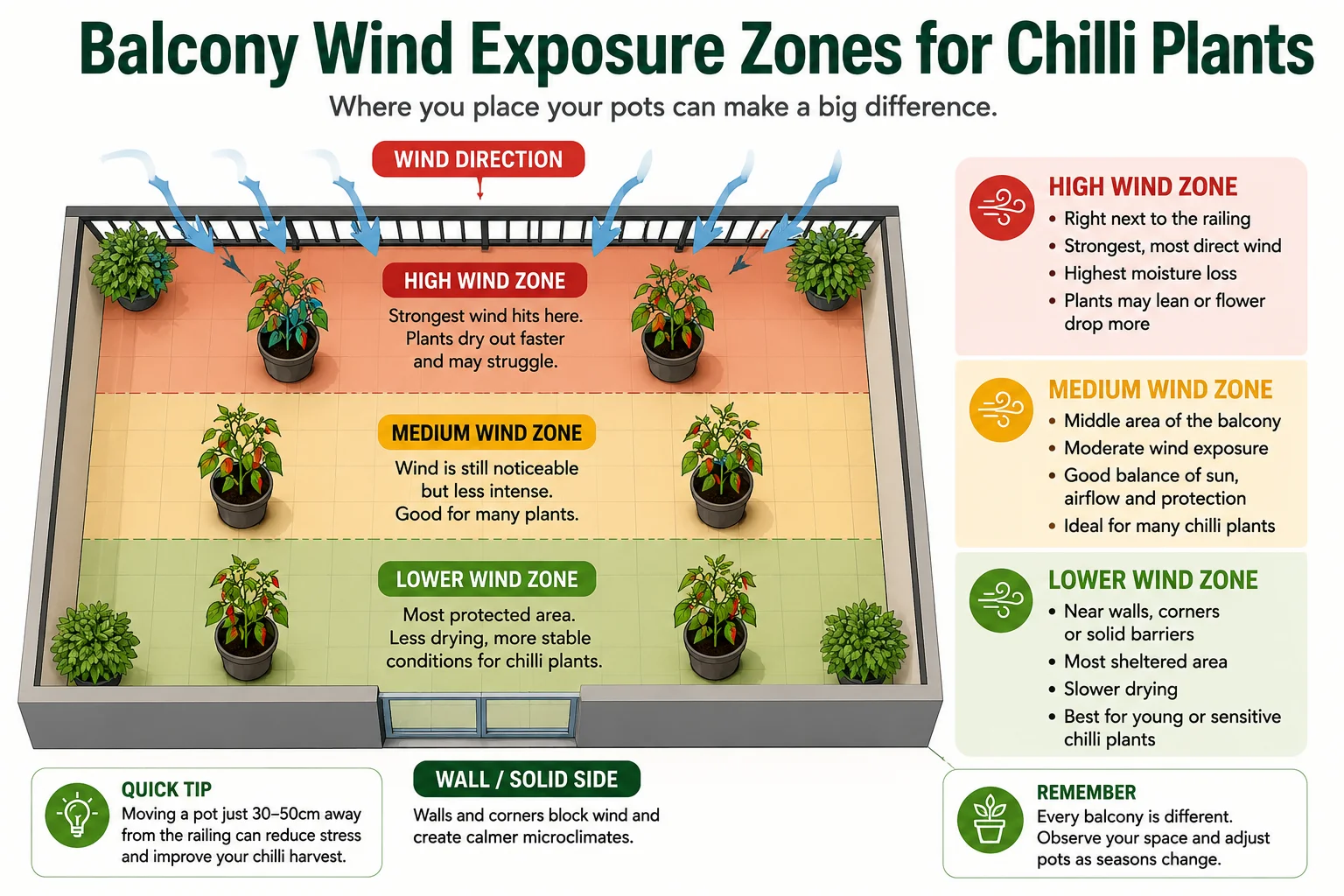 Balcony wind exposure zones for chilli plants diagram