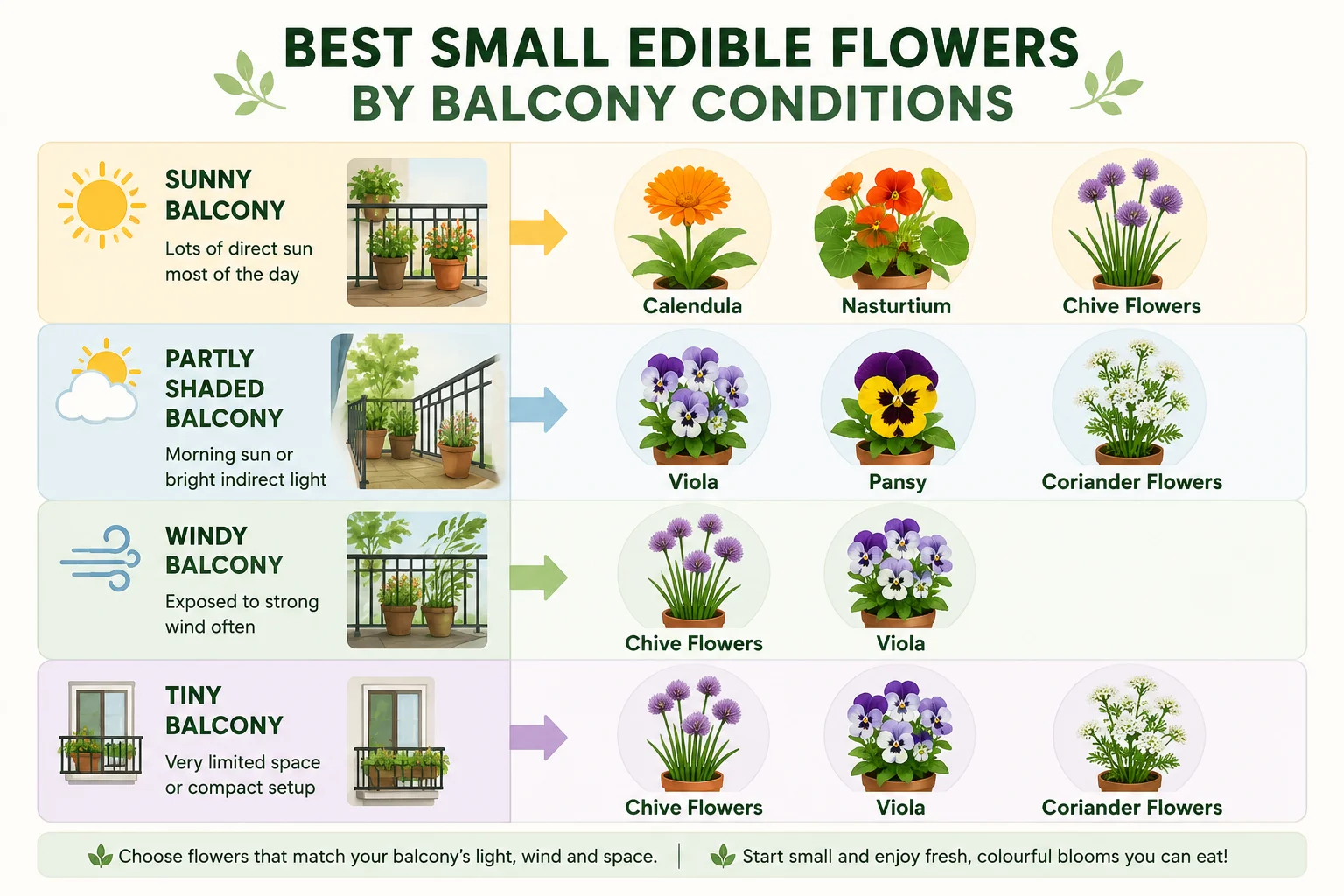 Best small edible flowers by balcony conditions diagram