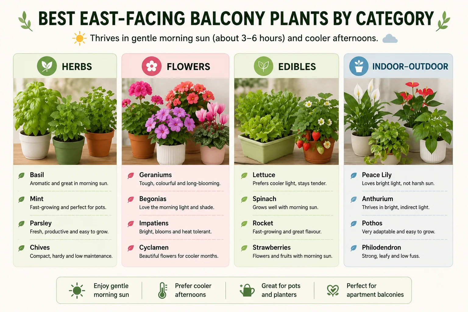 Simple infographic showing the best east-facing balcony plants by category including herbs, flowers, leafy greens, strawberries and indoor-outdoor plants