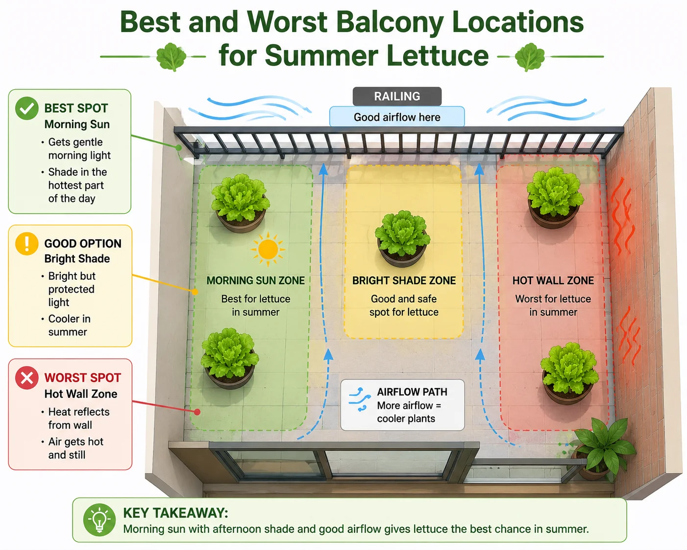 Best and worst balcony locations for summer lettuce diagram
