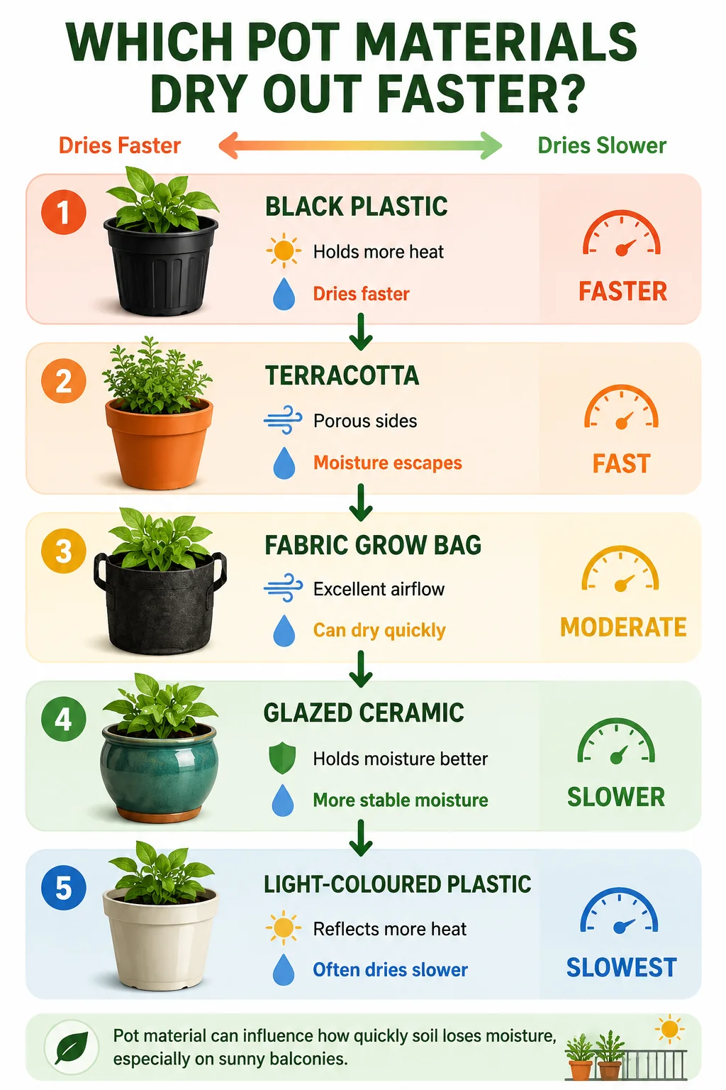 Simple comparison diagram showing which balcony pot materials may dry out faster, including black plastic, terracotta, glazed ceramic, fabric grow bags and light-coloured plastic pots