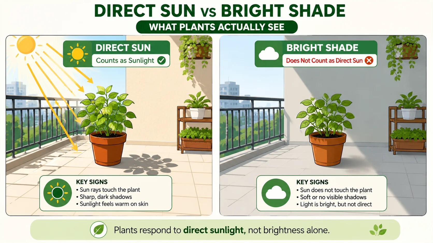 Direct sun vs bright shade on a balcony diagram