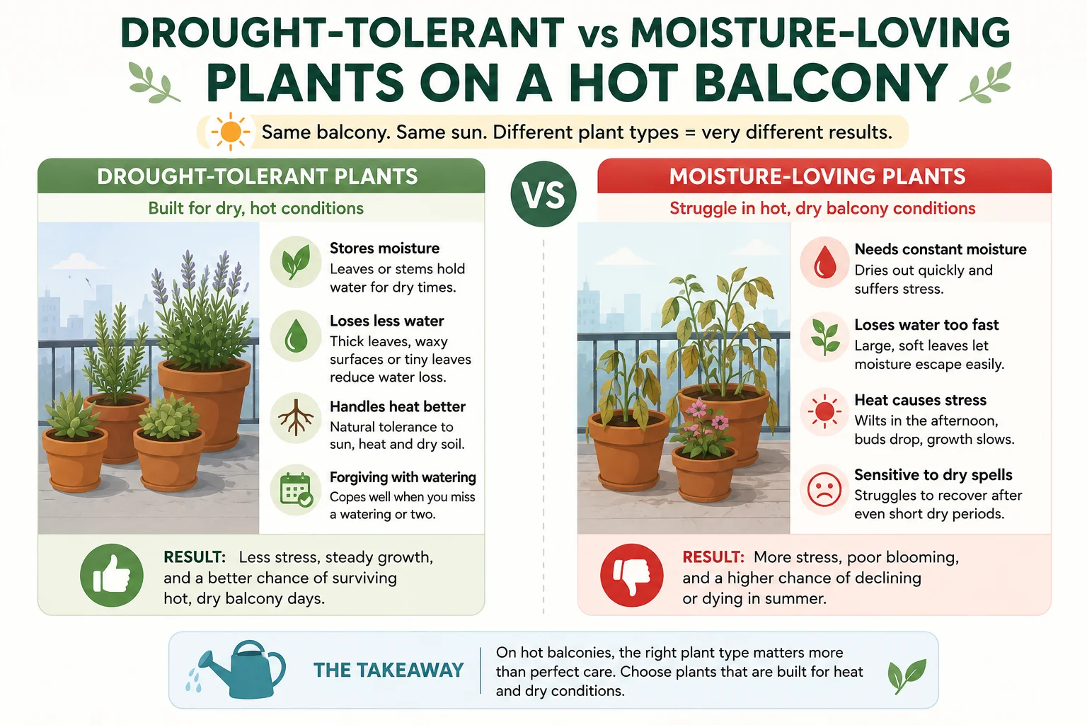 Drought-tolerant vs moisture-loving plants on a hot balcony diagram