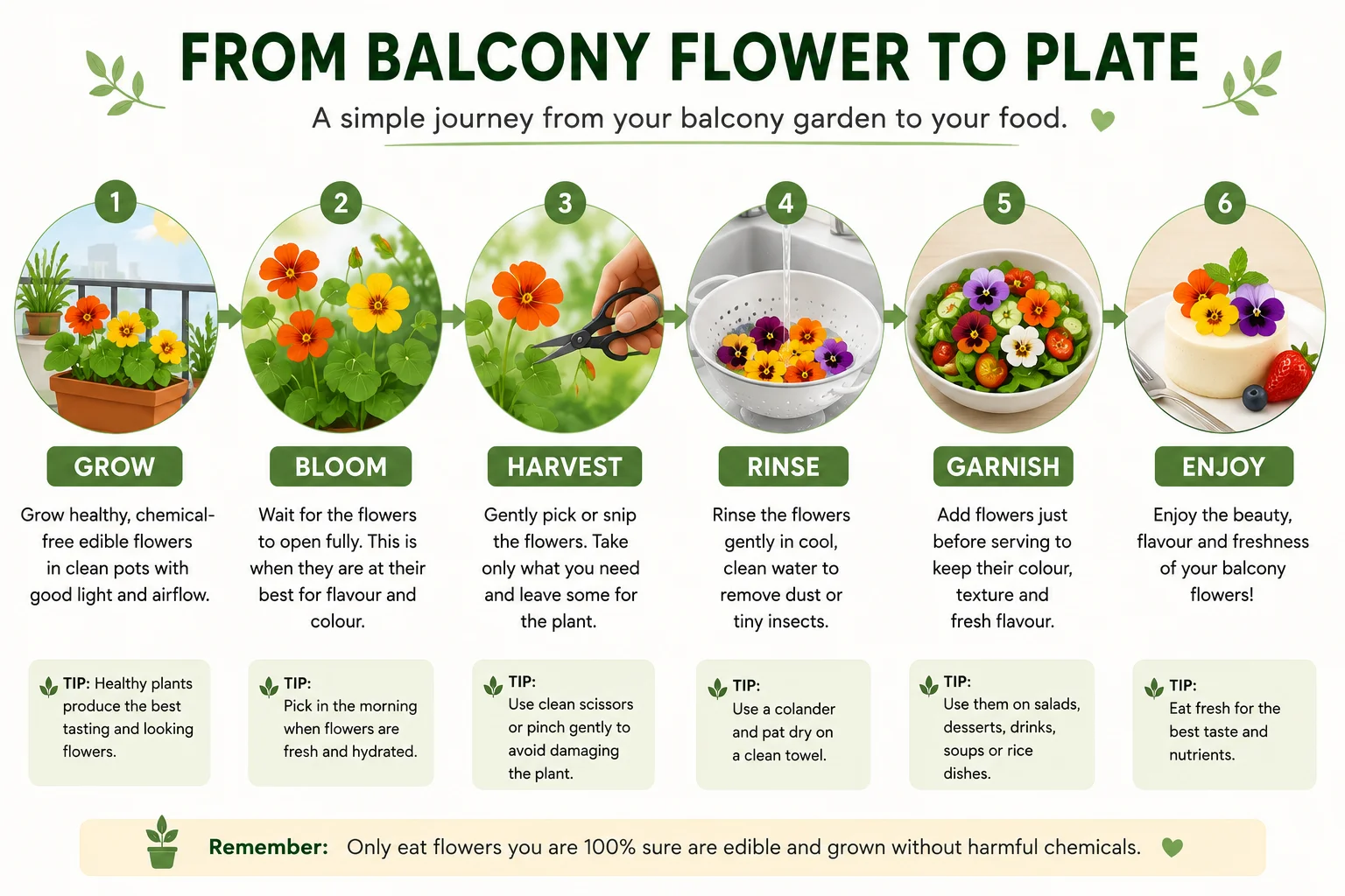 From balcony flower to plate edible flower process diagram