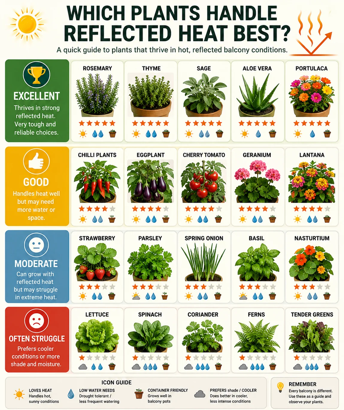 Comparison diagram showing rosemary, thyme, aloe vera, portulaca, chilli plants, tomatoes, lettuce, and spinach ranked by reflected heat tolerance