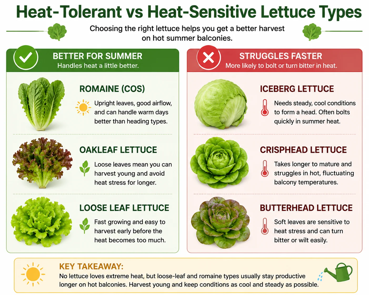 Heat-tolerant vs heat-sensitive lettuce types for balconies diagram