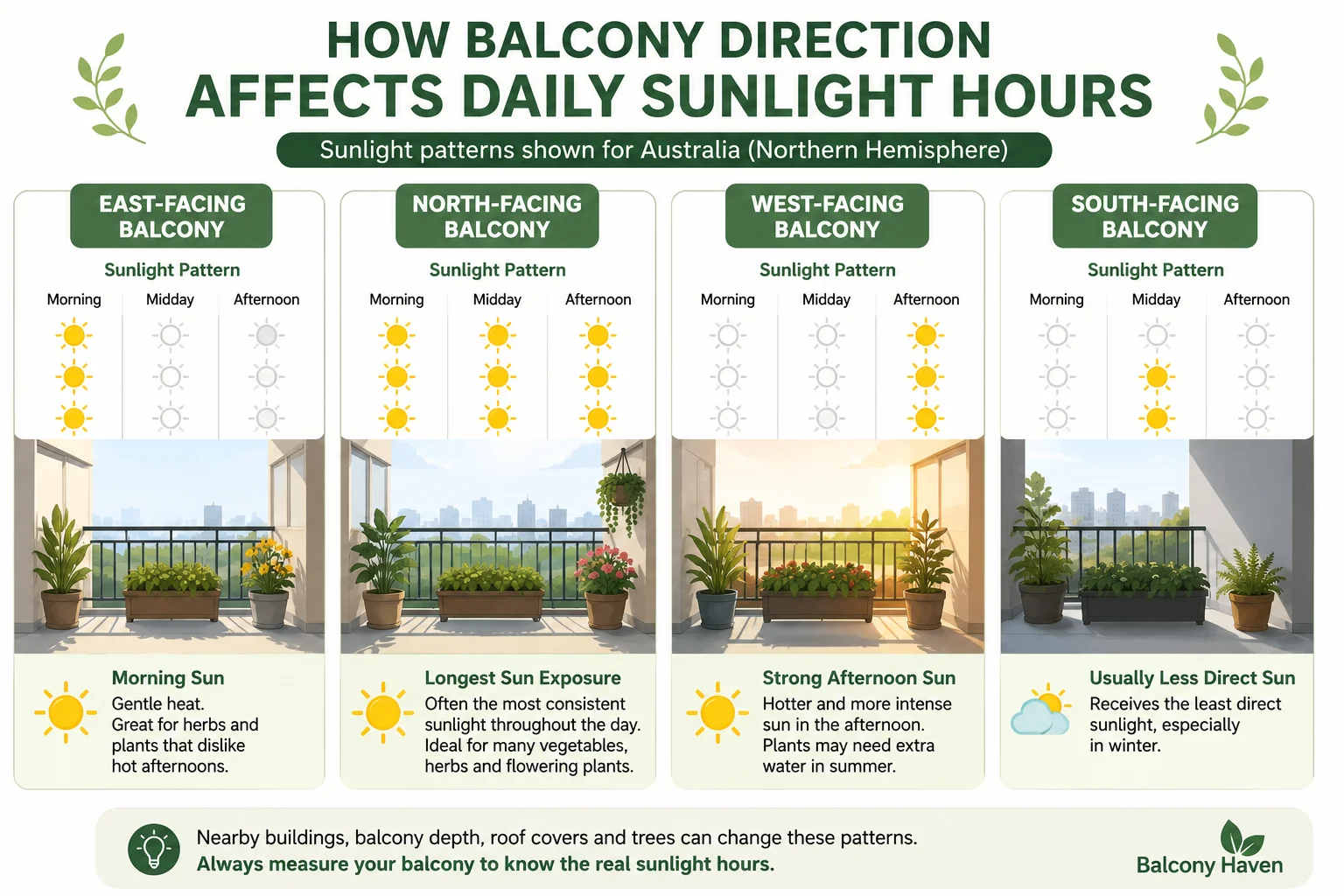 How balcony direction affects daily sunlight hours diagram