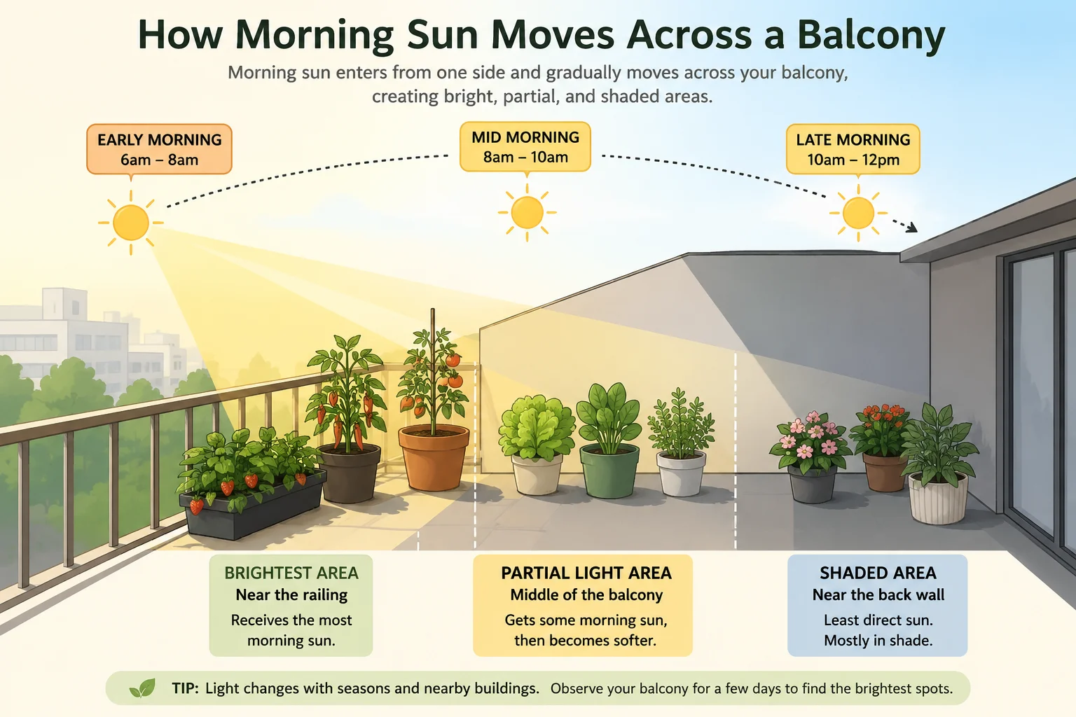 How morning sun moves across a balcony diagram