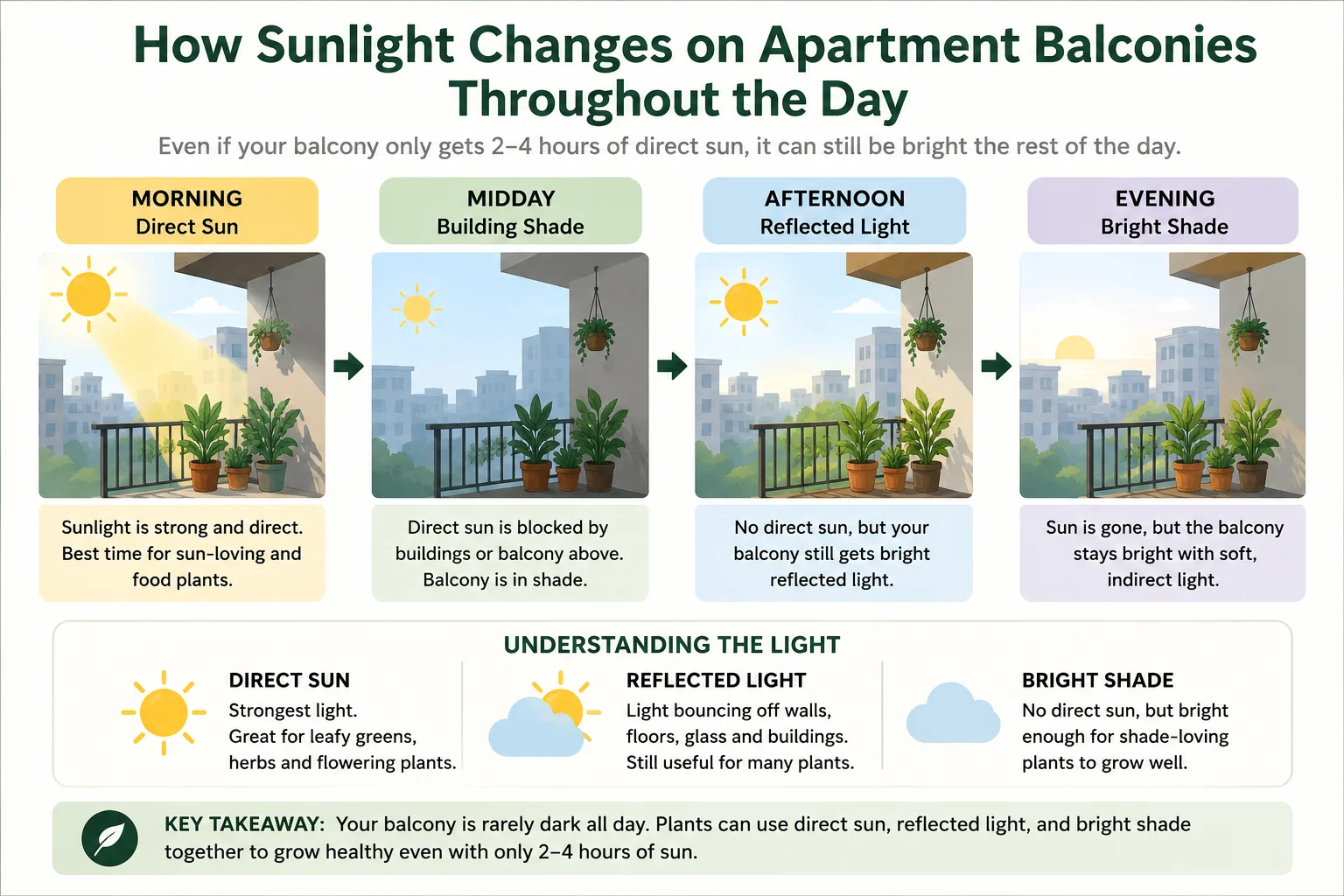 How sunlight changes on apartment balconies throughout the day diagram