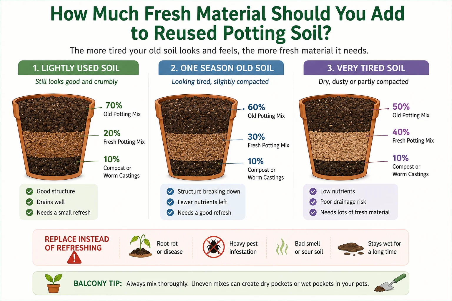 How much fresh material to add to reused potting soil diagram