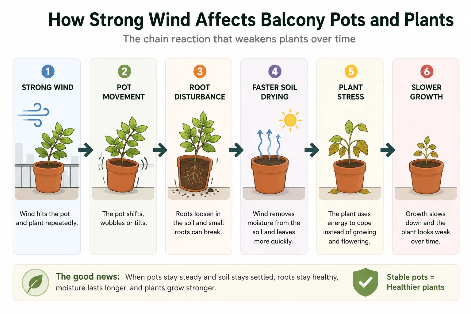 Diagram showing how strong balcony wind causes pot movement, root stress, faster drying, leaning stems, and slower growth