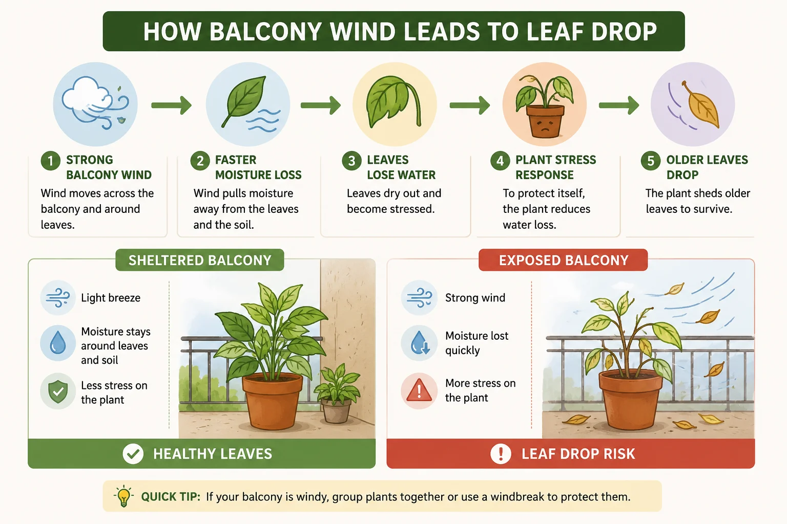 How balcony wind leads to leaf drop diagram