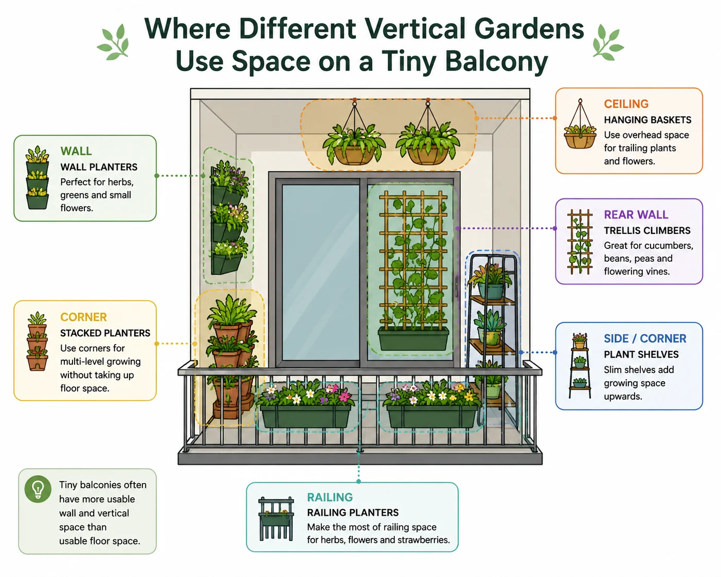 Where different vertical gardens use space on a tiny balcony diagram