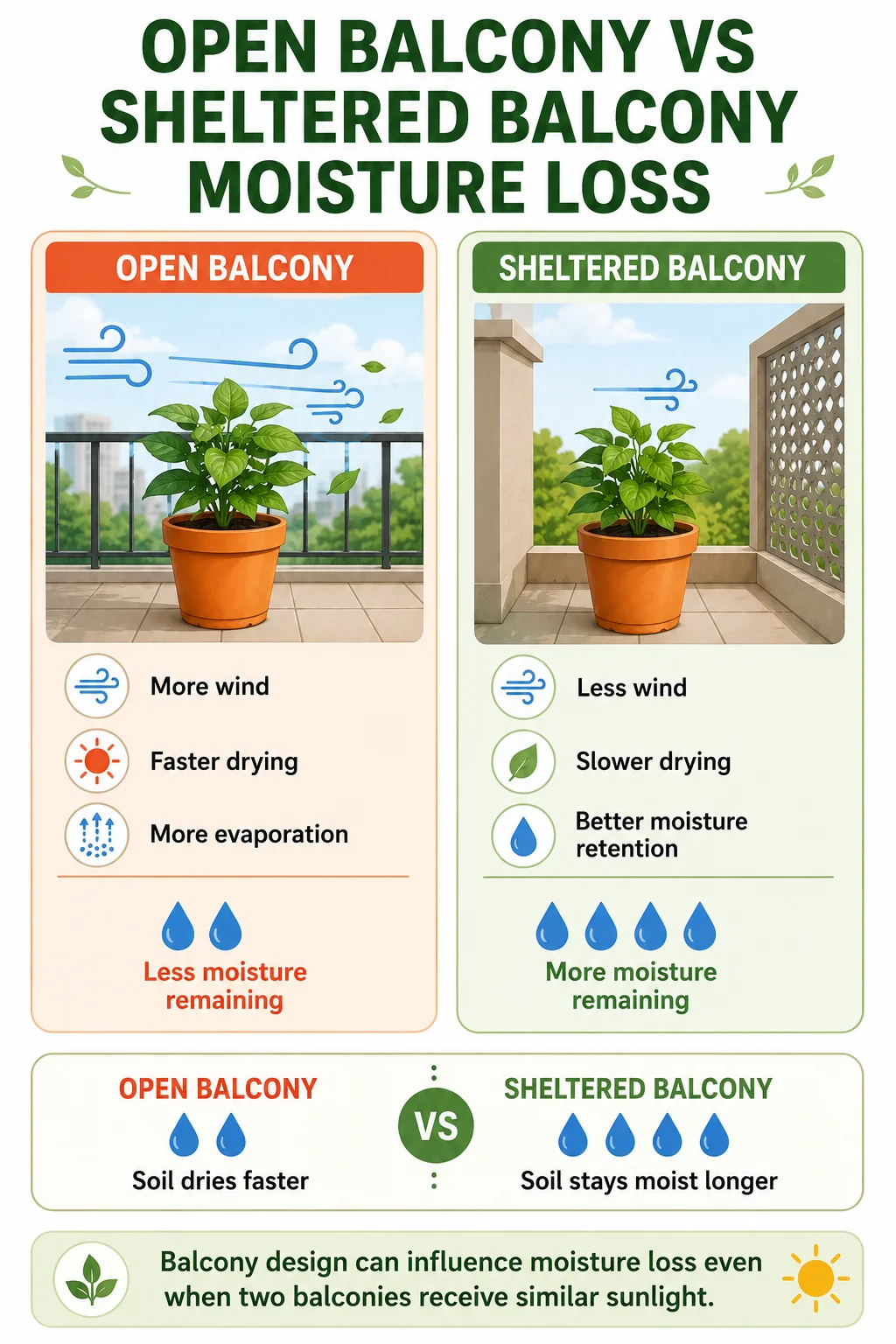 Comparison diagram showing open balcony moisture loss versus sheltered balcony moisture retention