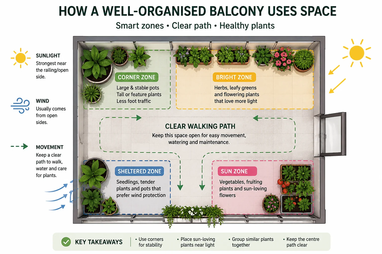 How a well organised balcony uses space with clear path corner anchor zones and plant groups diagram