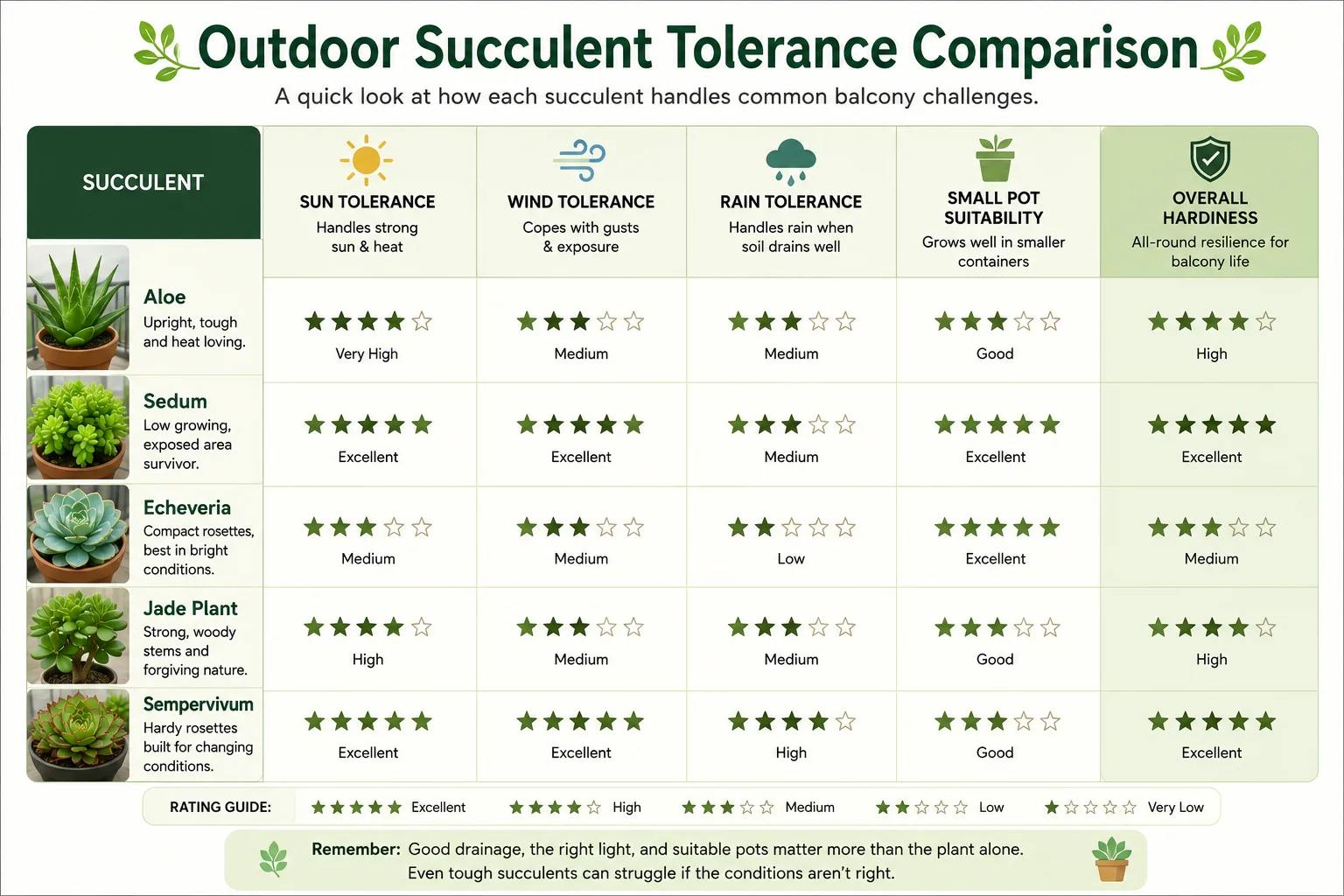 Outdoor succulent tolerance comparison for balcony pots diagram