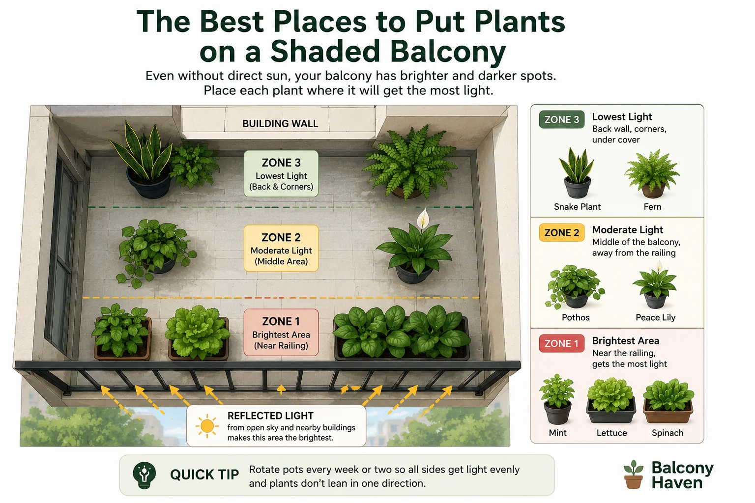 Where to place plants on a balcony with no direct sun diagram