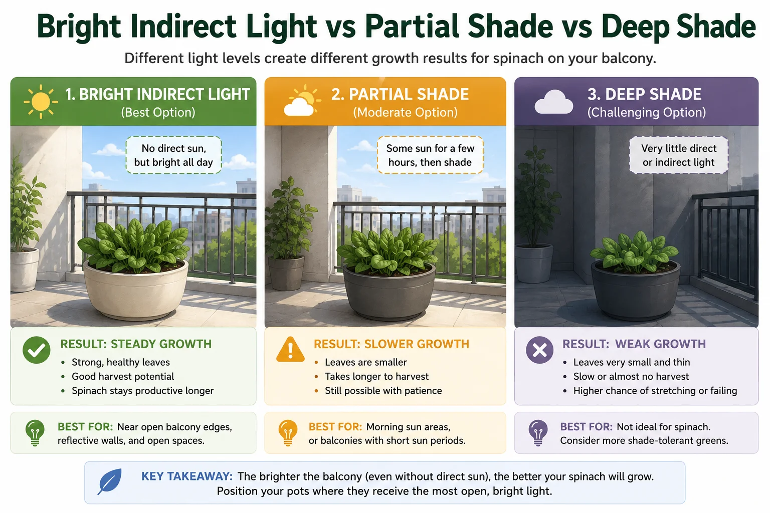 Bright indirect light vs partial shade vs deep shade for spinach diagram