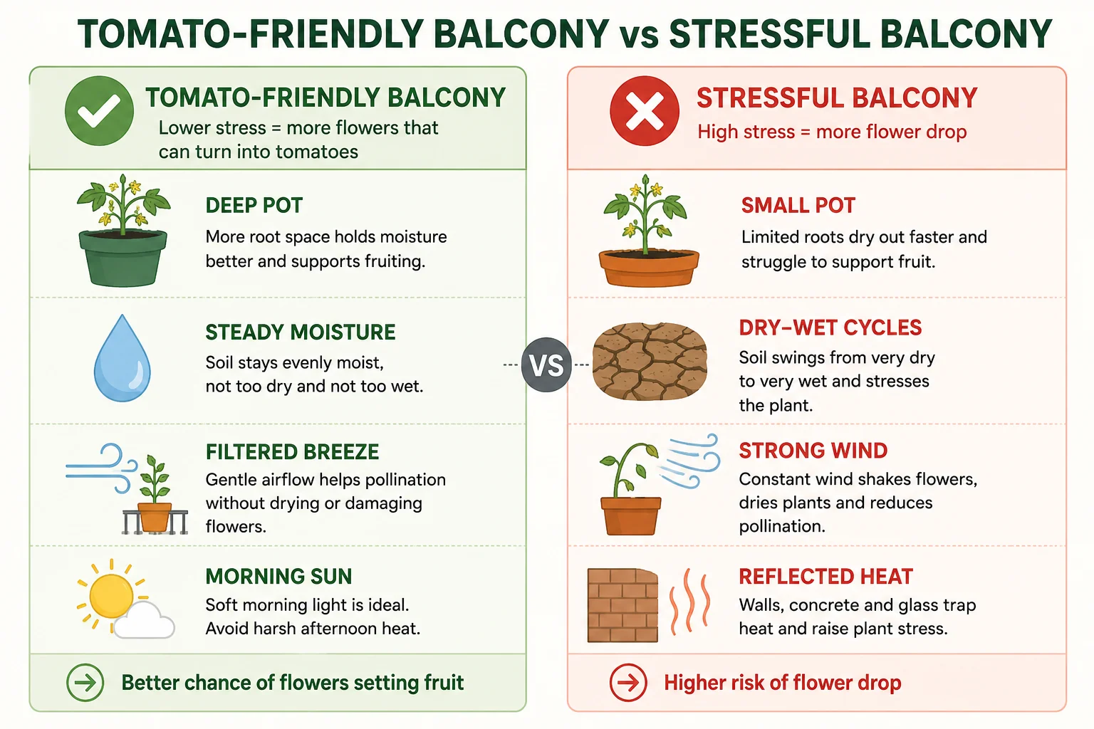 Tomato-friendly balcony vs stressful balcony diagram