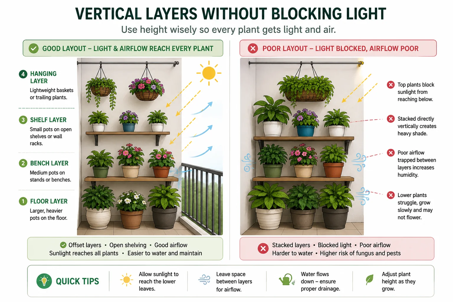Vertical balcony plant layers without blocking sunlight and airflow diagram