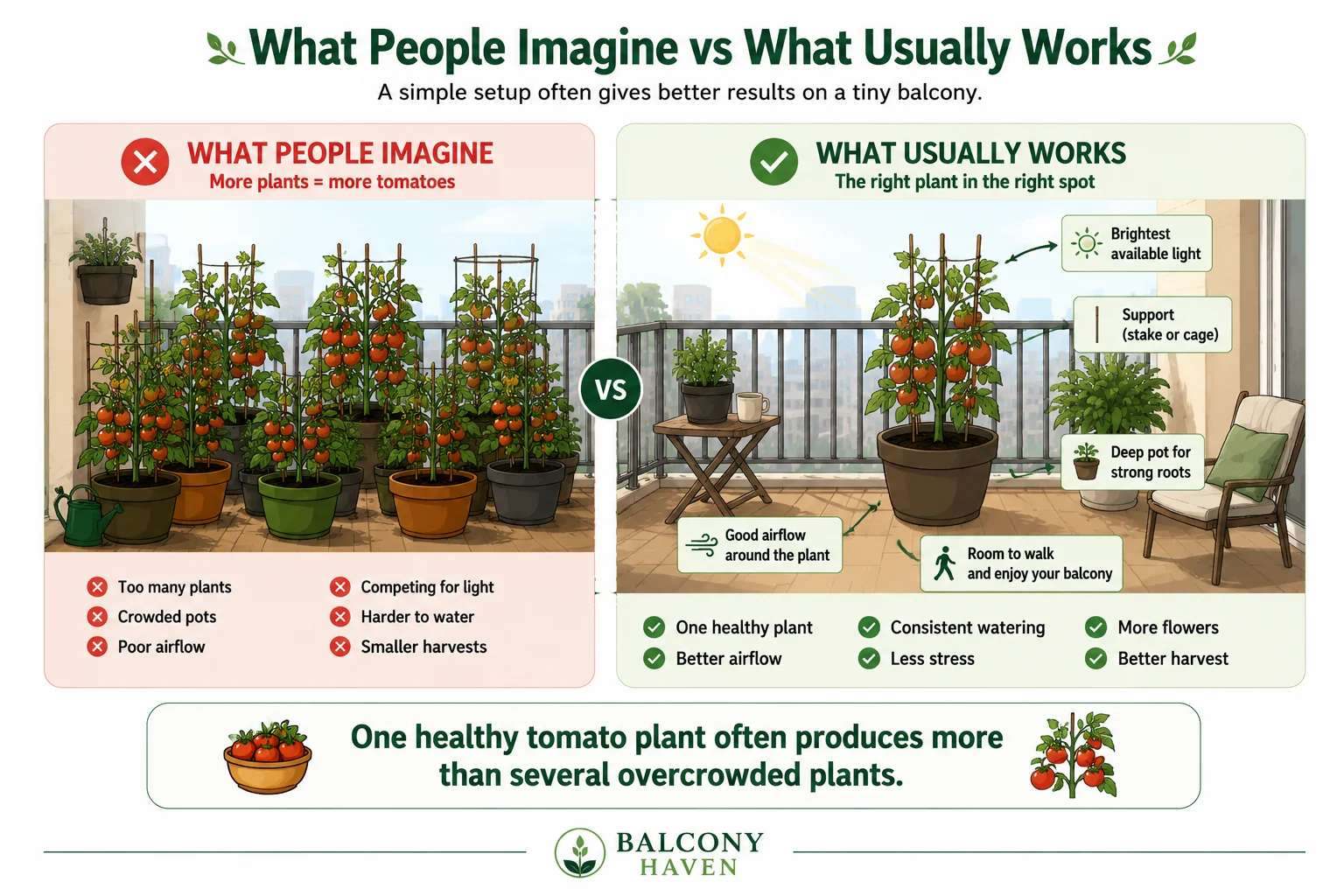 What people imagine vs what usually works for tiny balcony tomatoes diagram