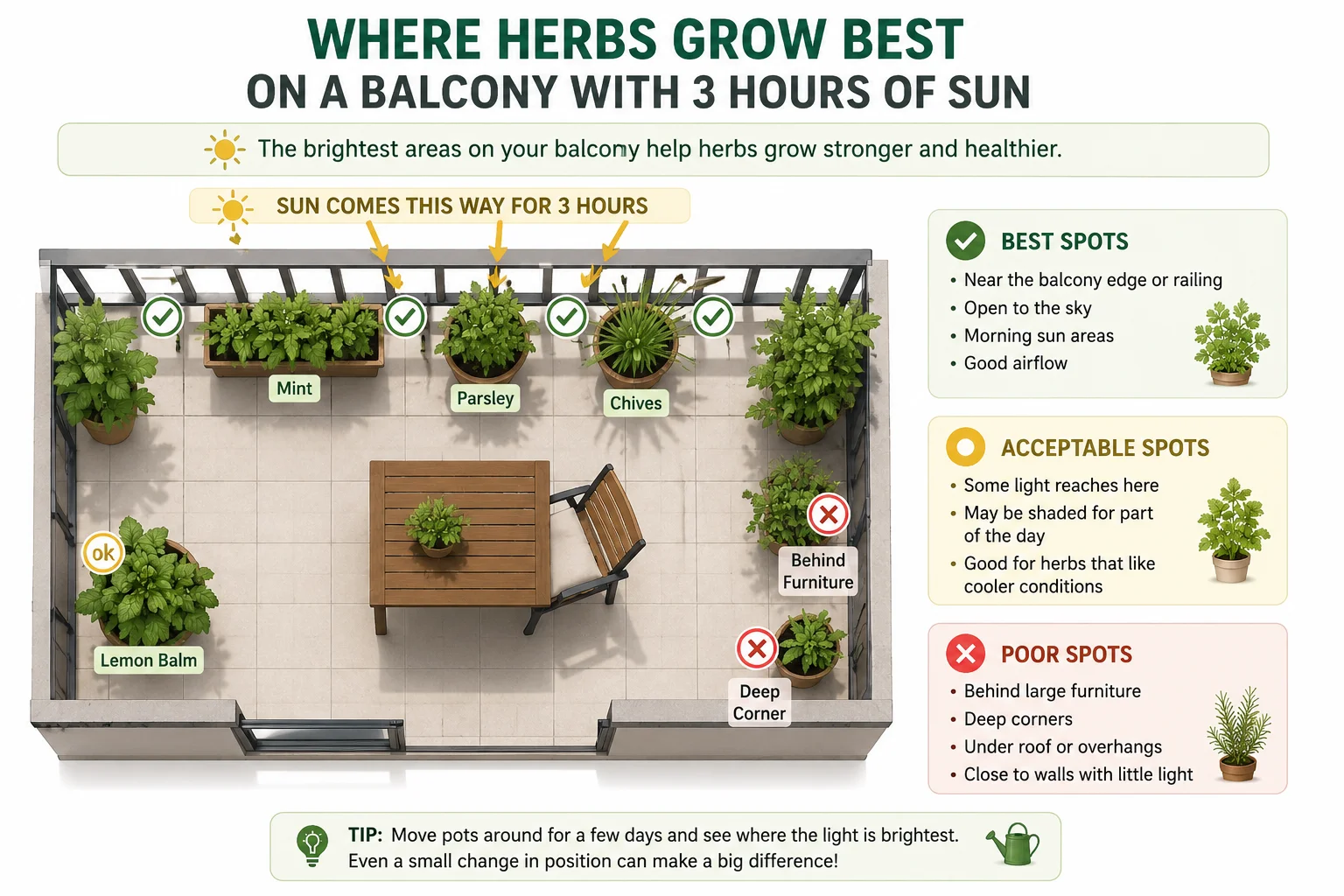 Where herbs grow best on a balcony with 3 hours of sun diagram