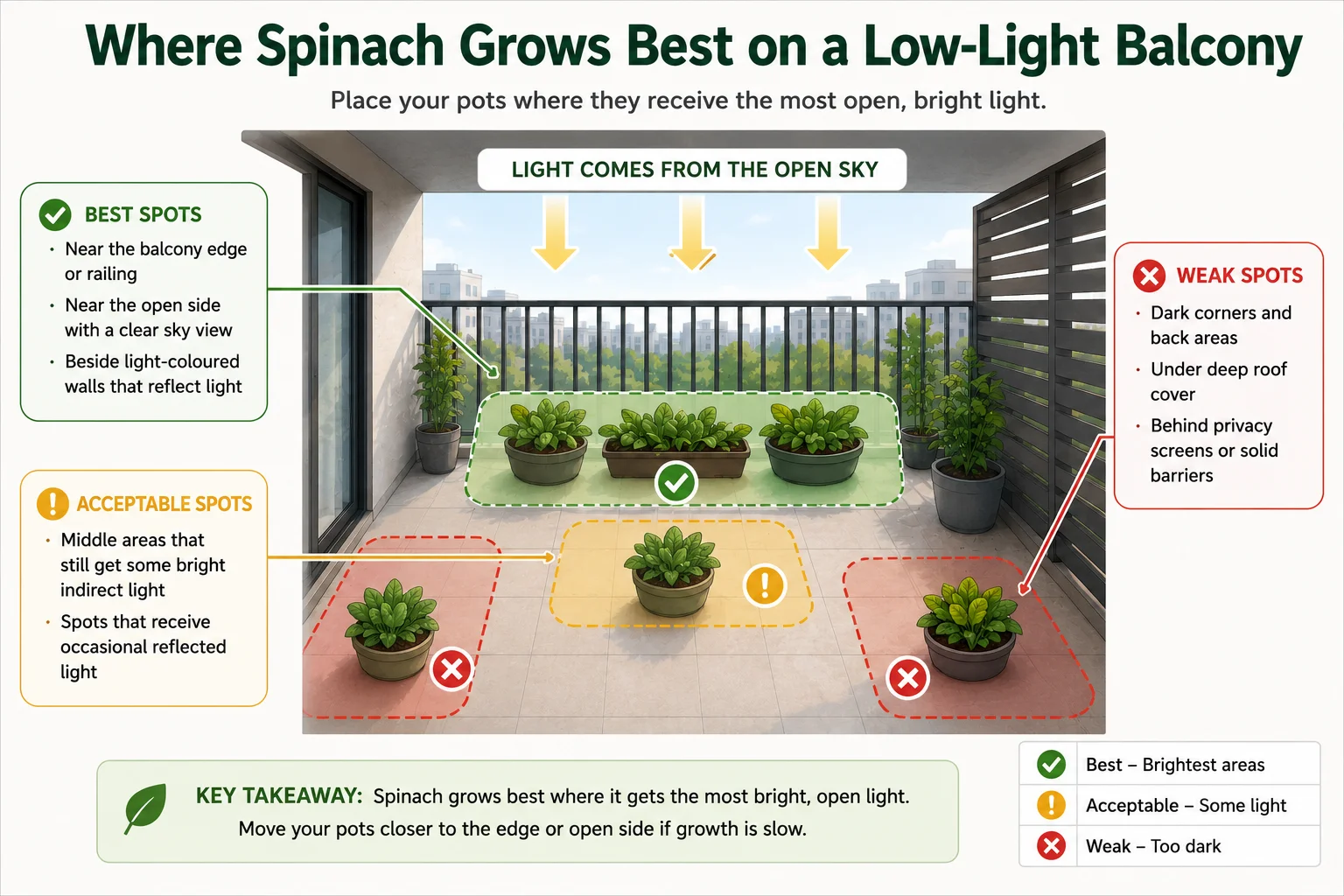 Where spinach grows best on a low-light balcony diagram